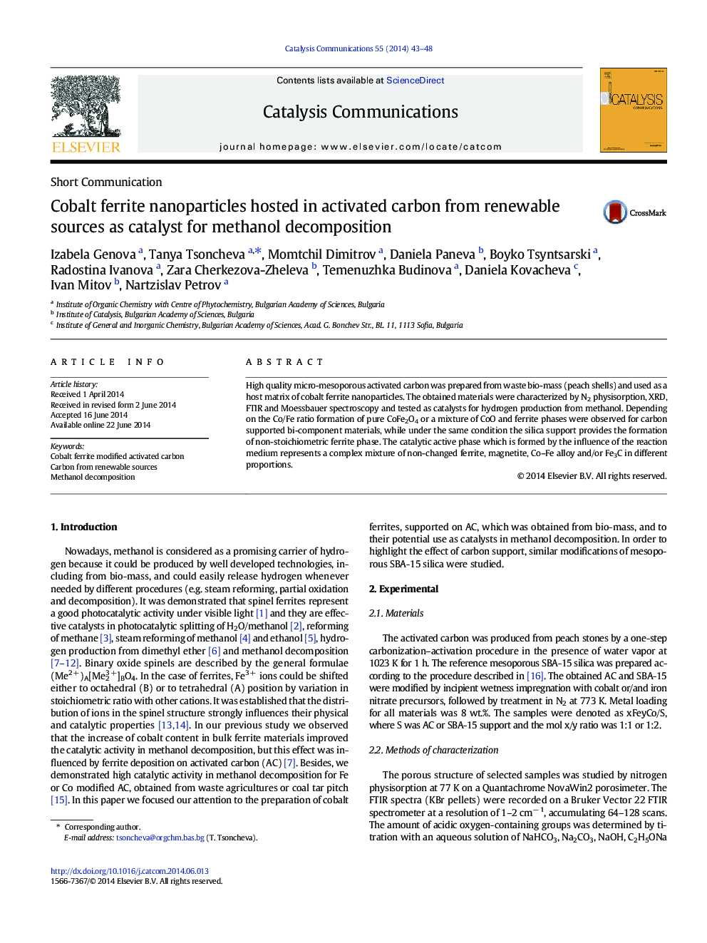 Cobalt ferrite nanoparticles hosted in activated carbon from renewable sources as catalyst for methanol decomposition