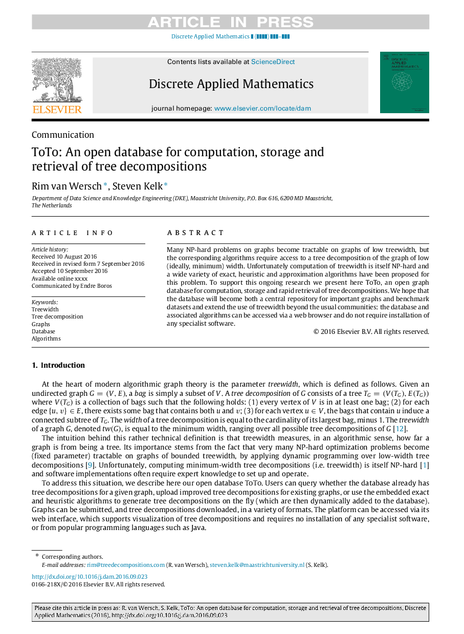 ToTo: An open database for computation, storage and retrieval of tree decompositions