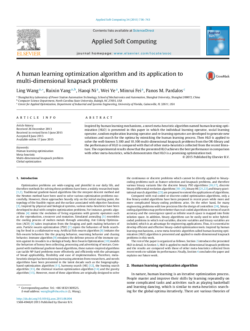 A human learning optimization algorithm and its application to multi-dimensional knapsack problems