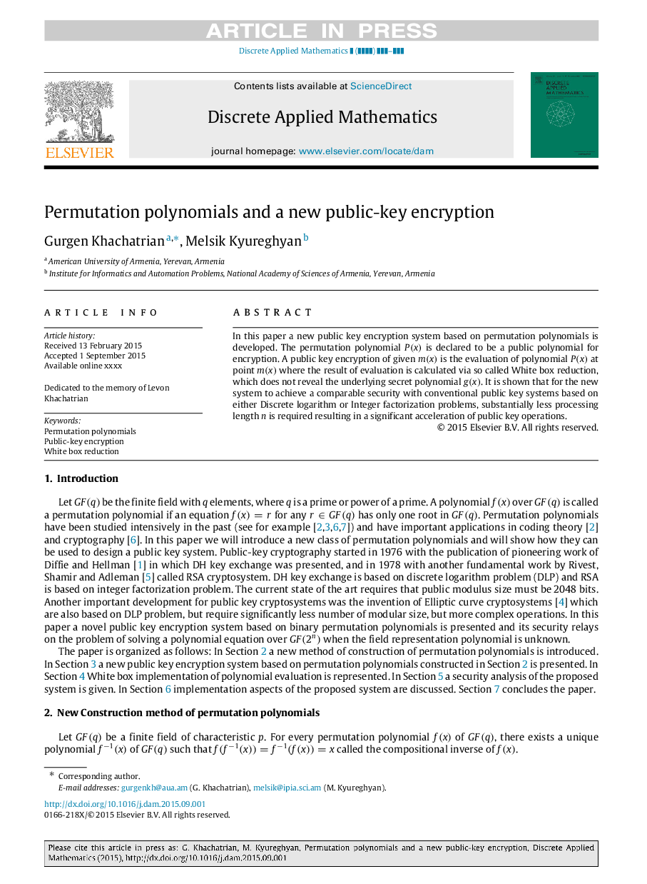 Permutation polynomials and a new public-key encryption