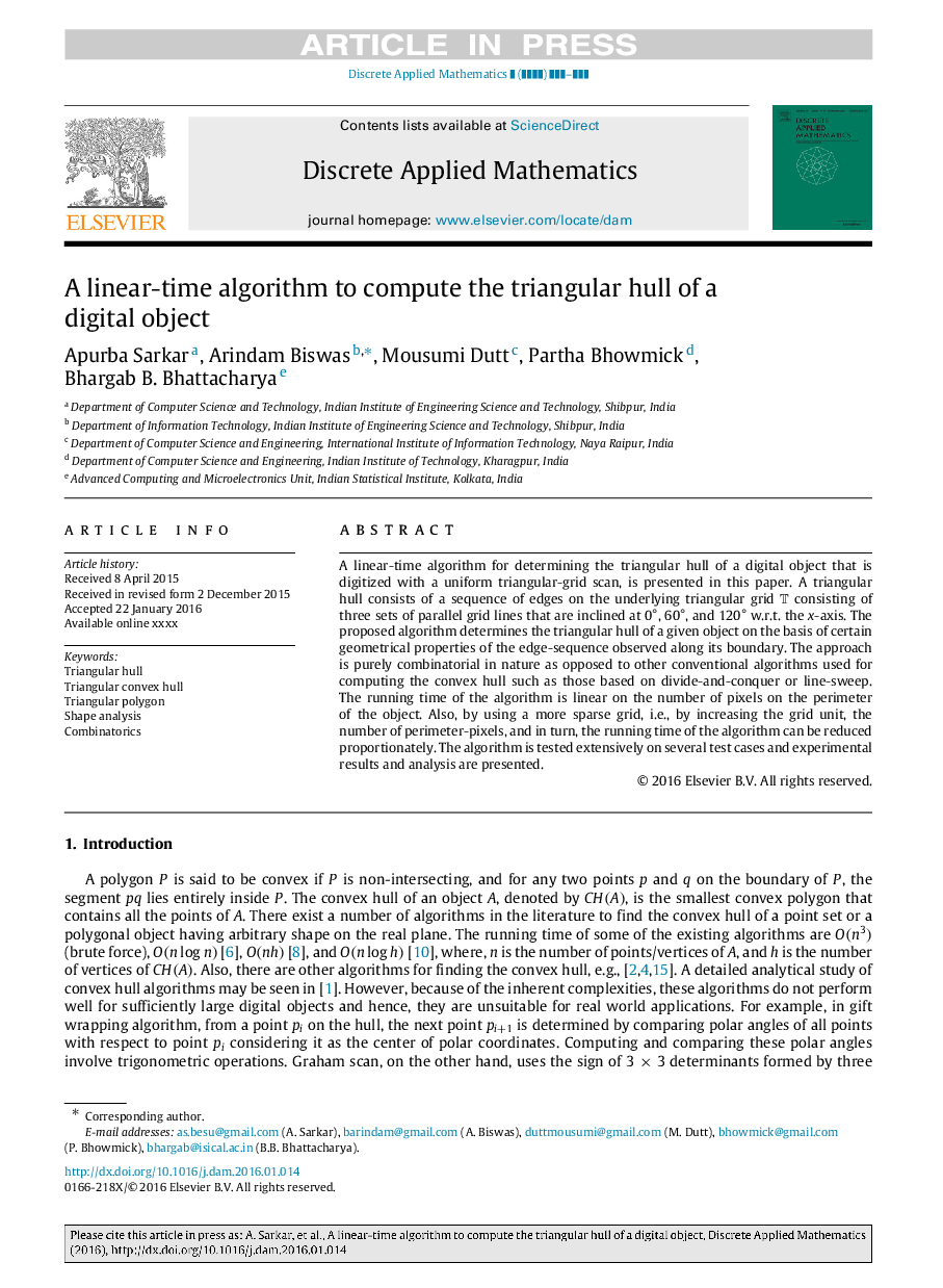 A linear-time algorithm to compute the triangular hull of a digital object