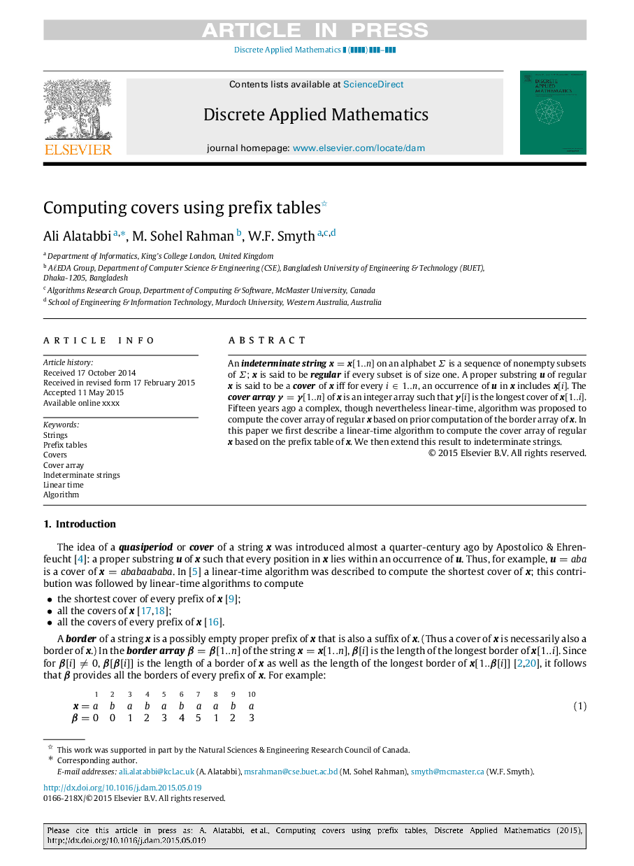 Computing covers using prefix tables