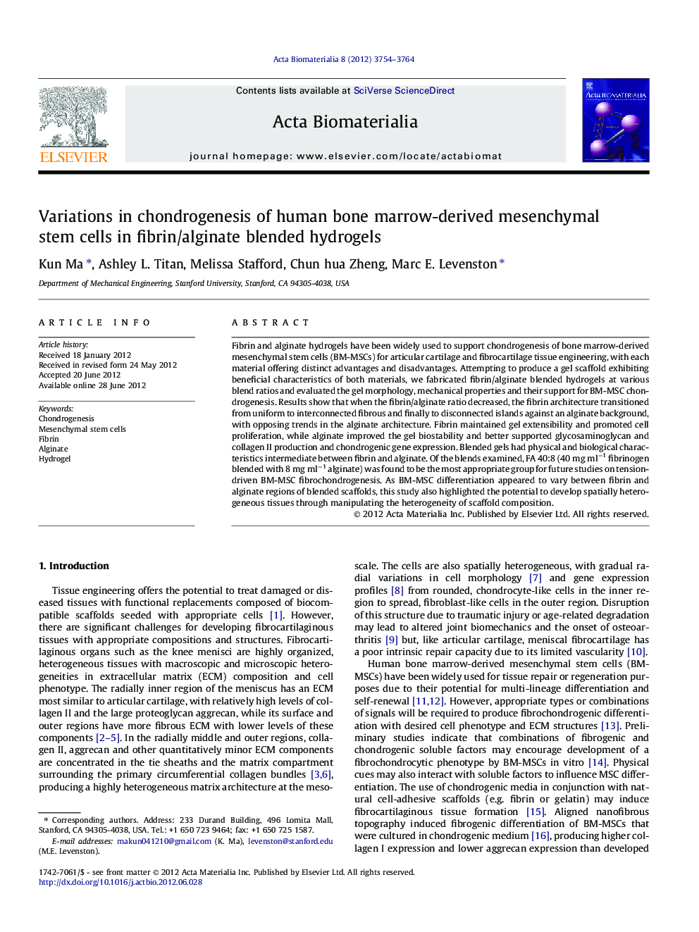 Variations in chondrogenesis of human bone marrow-derived mesenchymal stem cells in fibrin/alginate blended hydrogels