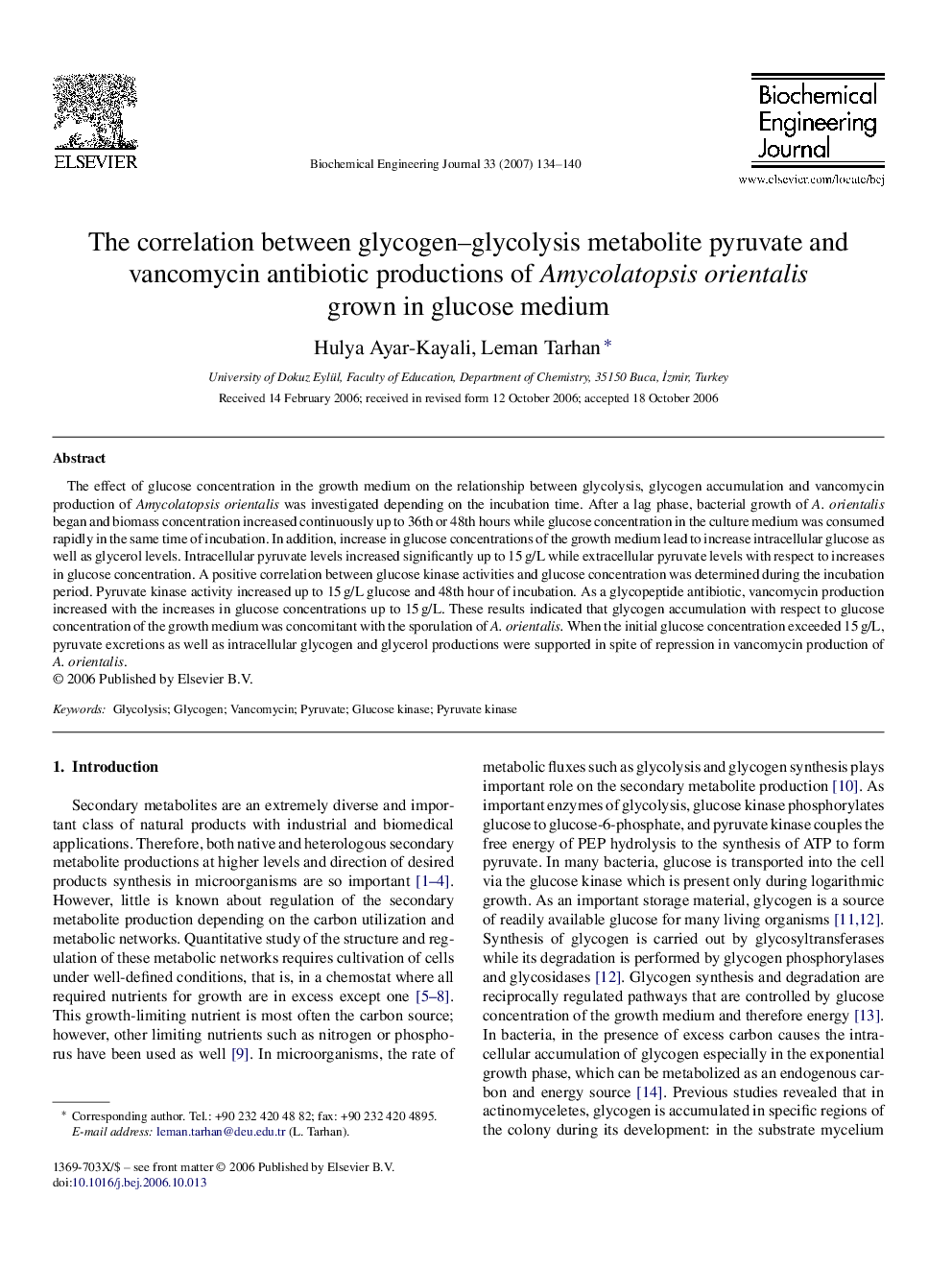 The correlation between glycogen–glycolysis metabolite pyruvate and vancomycin antibiotic productions of Amycolatopsis orientalis grown in glucose medium