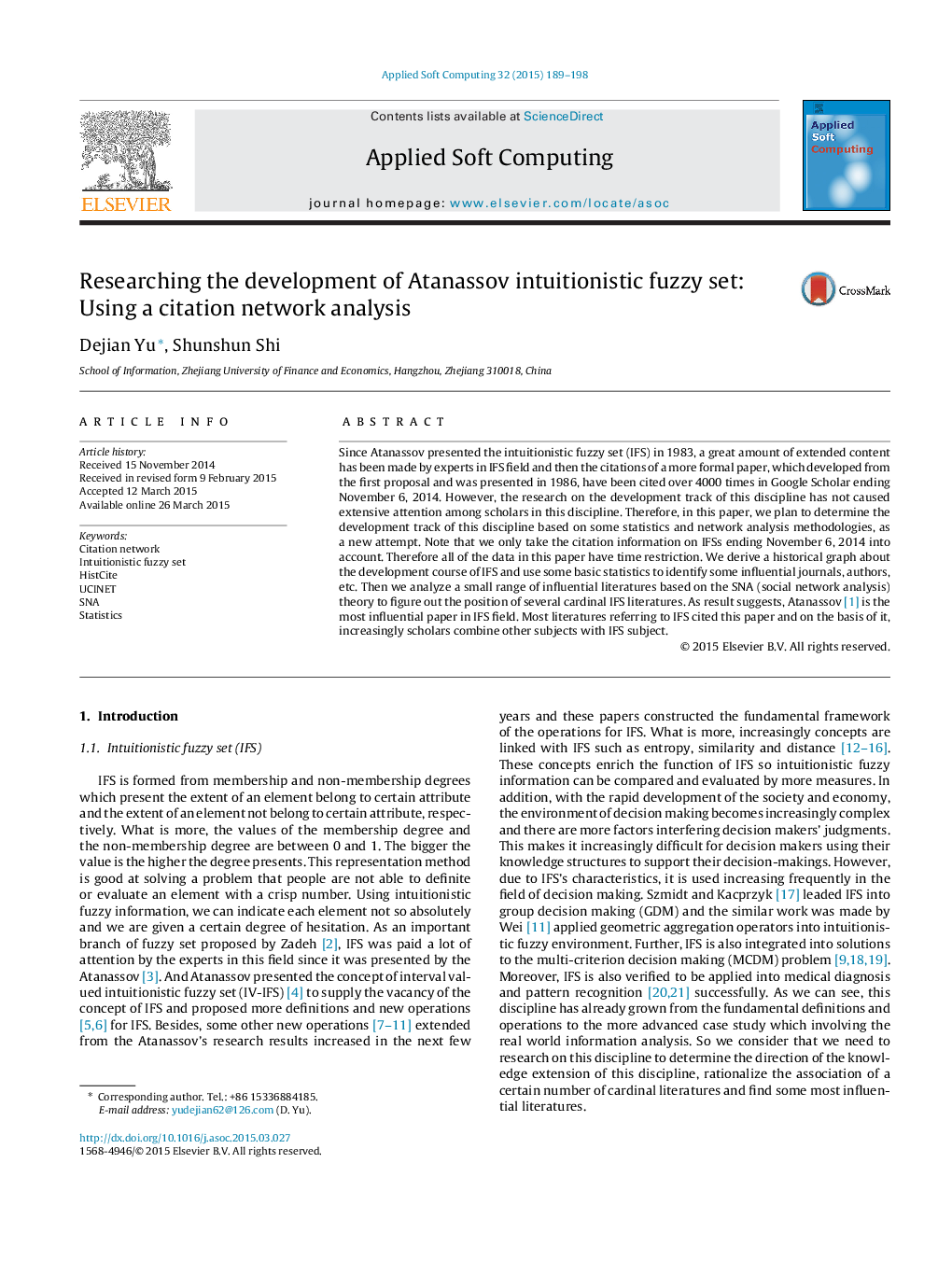 Researching the development of Atanassov intuitionistic fuzzy set: Using a citation network analysis