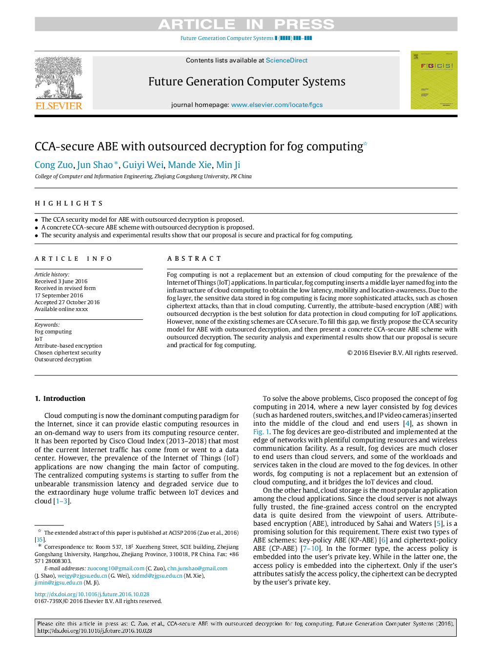 CCA-secure ABE with outsourced decryption for fog computing