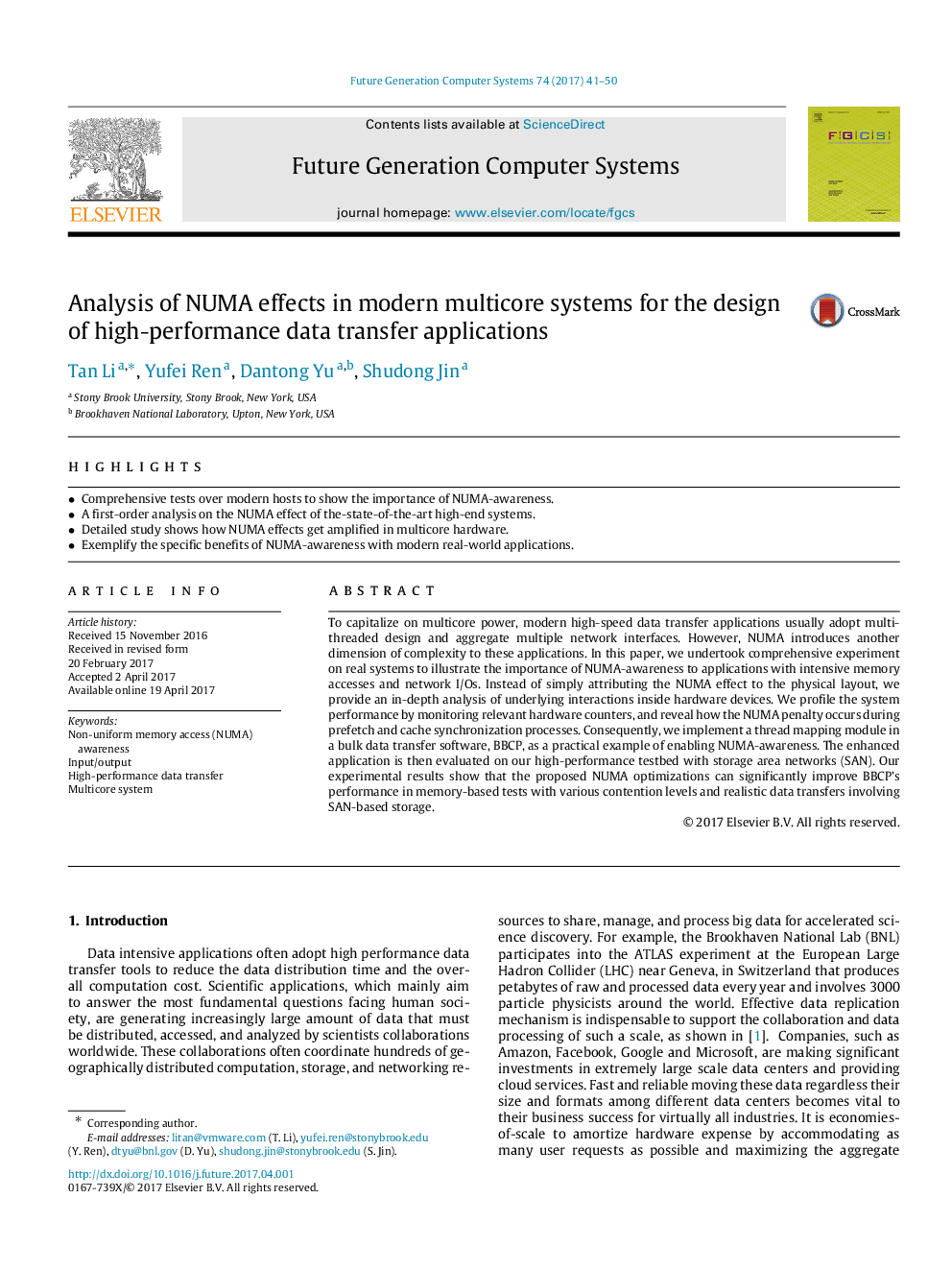 Analysis of NUMA effects in modern multicore systems for the design of high-performance data transfer applications