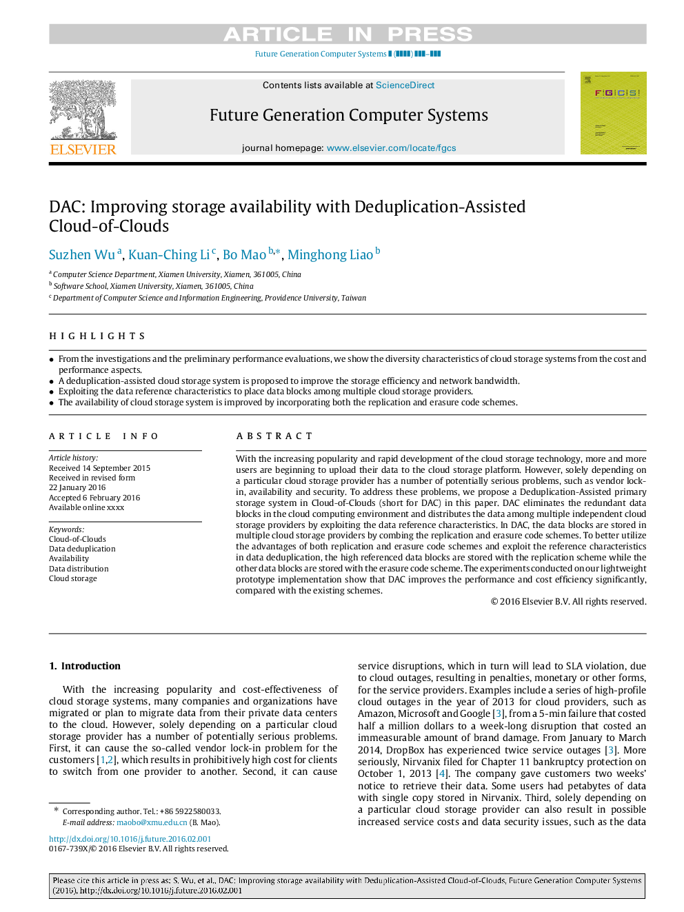 DAC: Improving storage availability with Deduplication-Assisted Cloud-of-Clouds