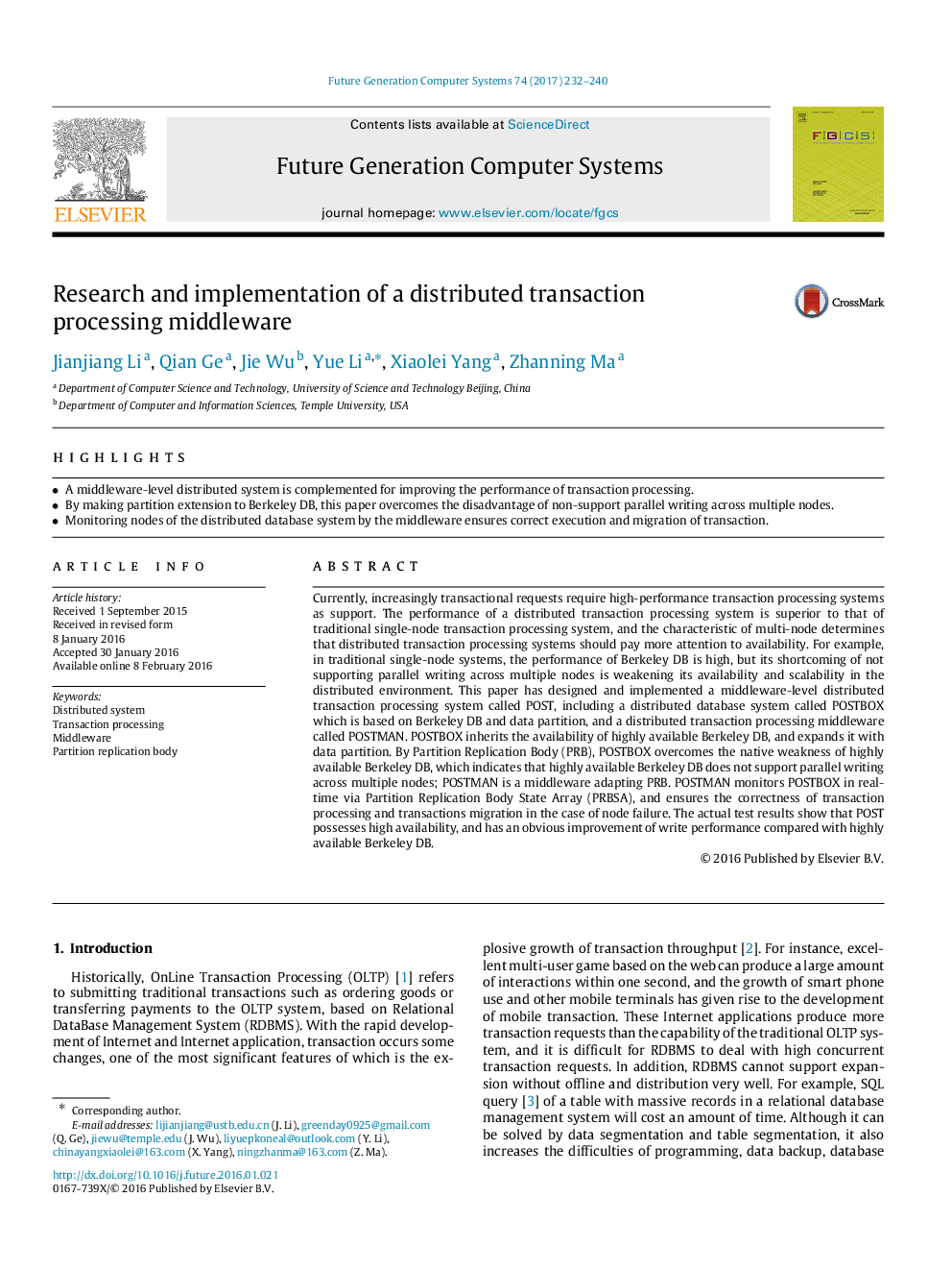 Research and implementation of a distributed transaction processing middleware