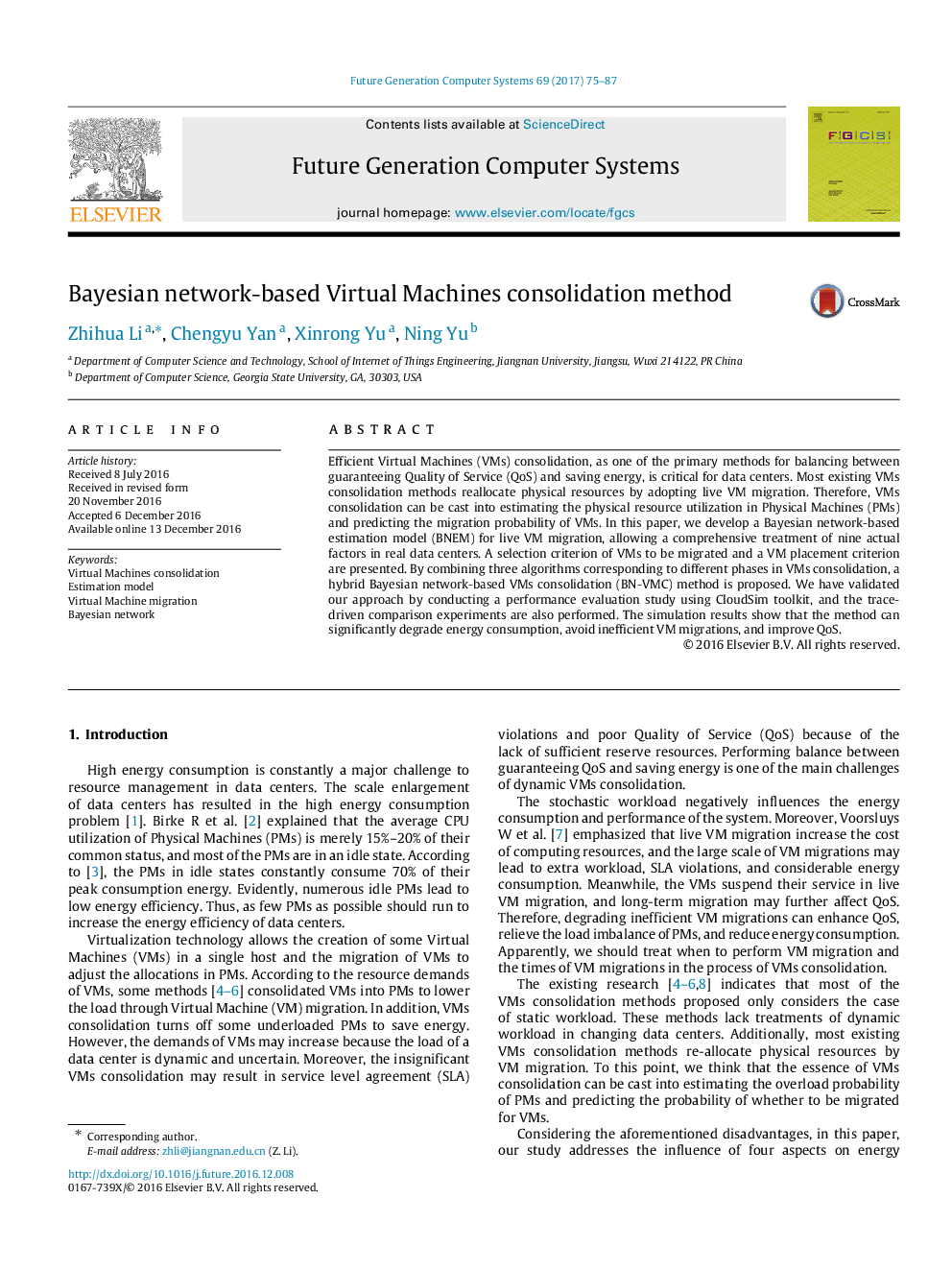 Bayesian network-based Virtual Machines consolidation method