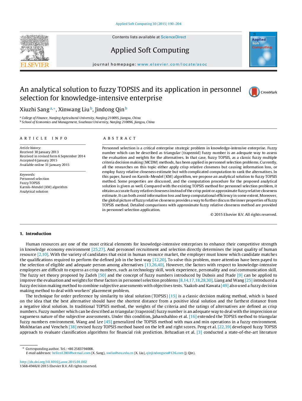 An analytical solution to fuzzy TOPSIS and its application in personnel selection for knowledge-intensive enterprise