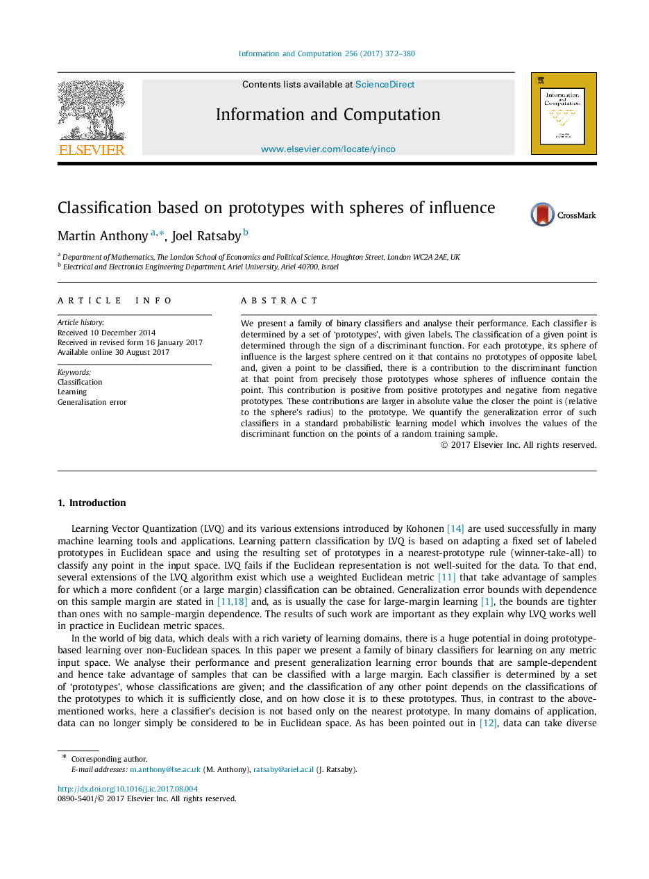 Classification based on prototypes with spheres of influence