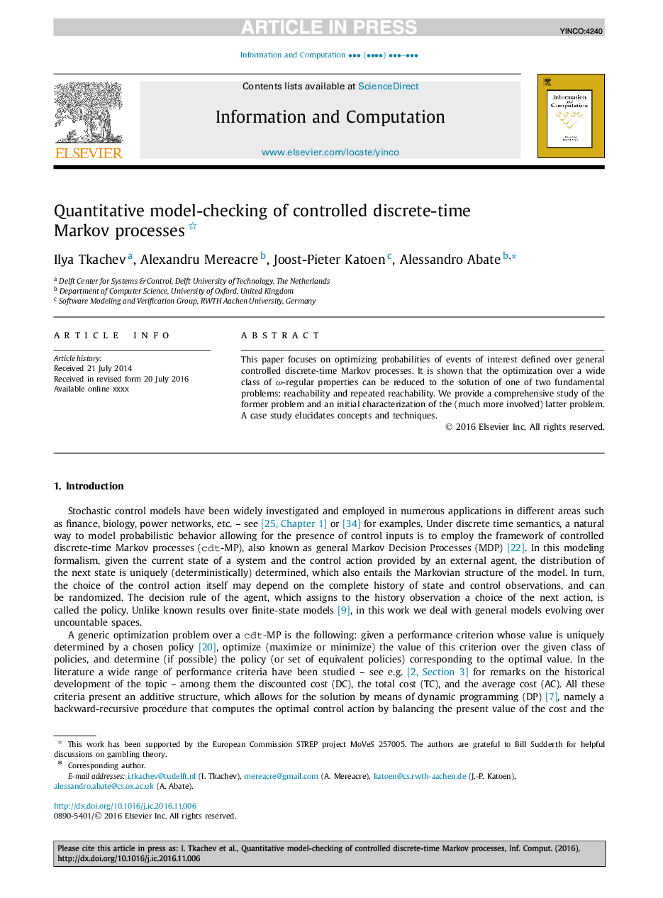 Quantitative model-checking of controlled discrete-time Markov processes