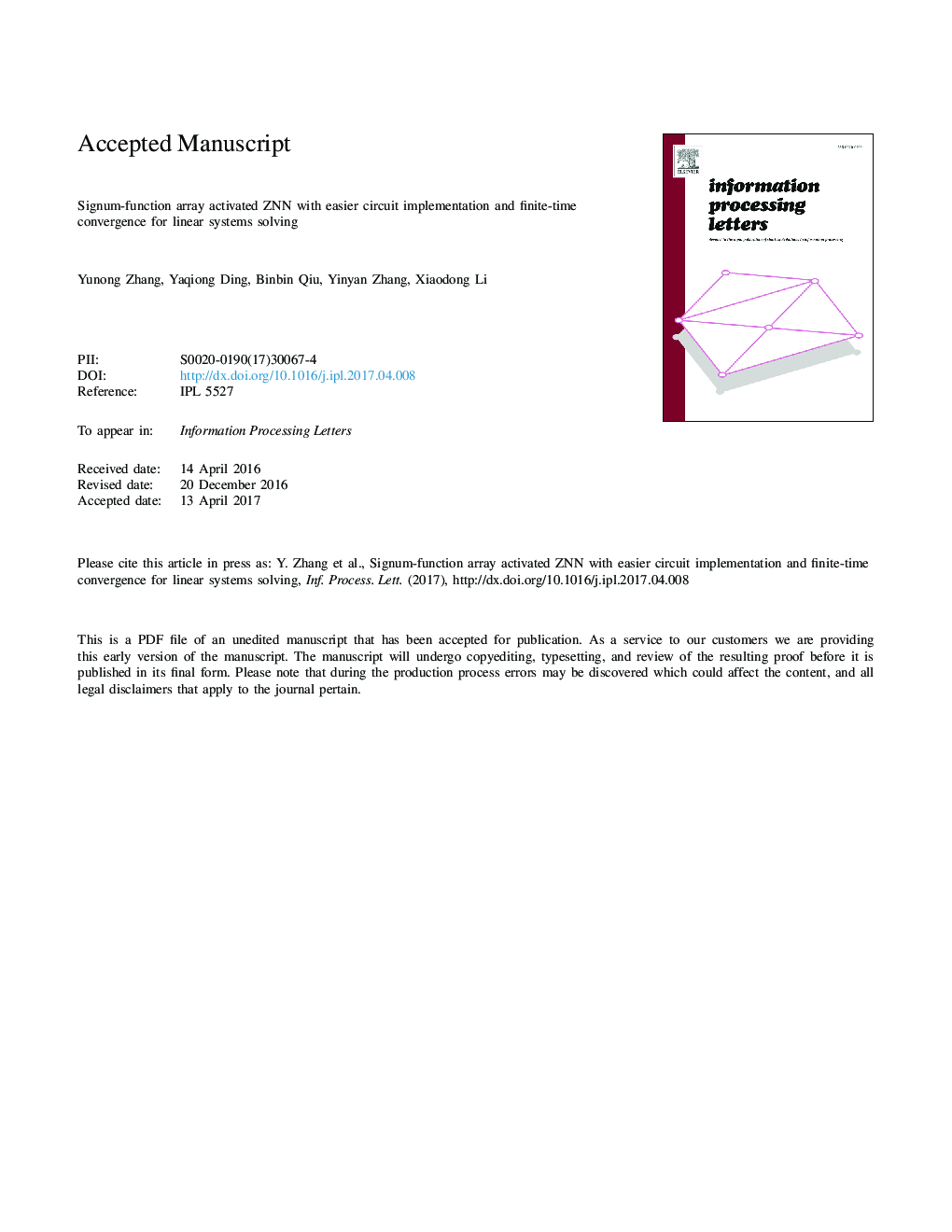 Signum-function array activated ZNN with easier circuit implementation and finite-time convergence for linear systems solving