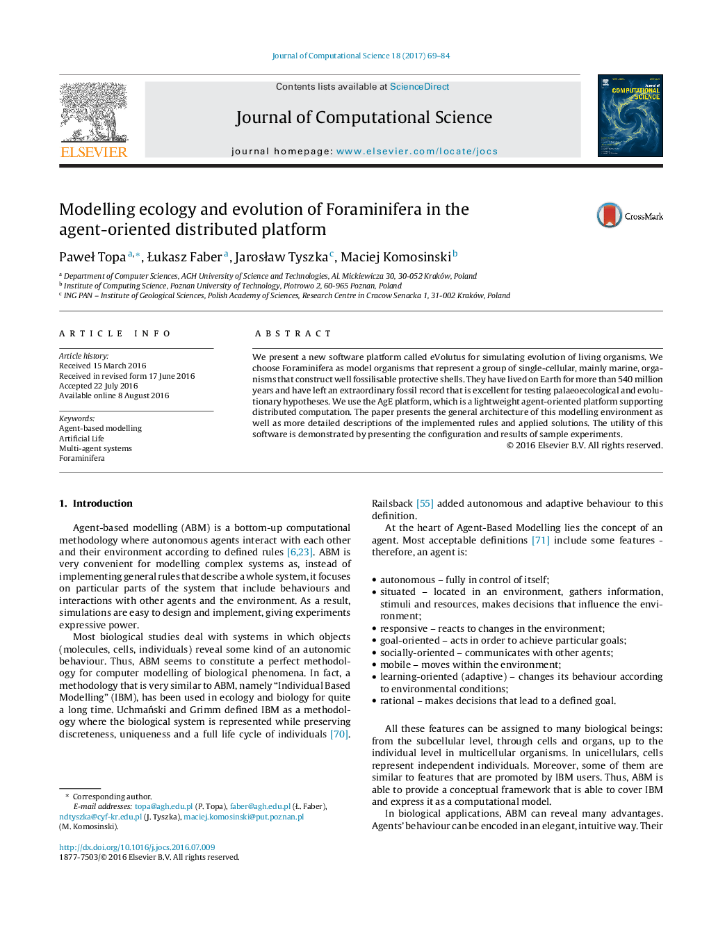 Modelling ecology and evolution of Foraminifera in the agent-oriented distributed platform