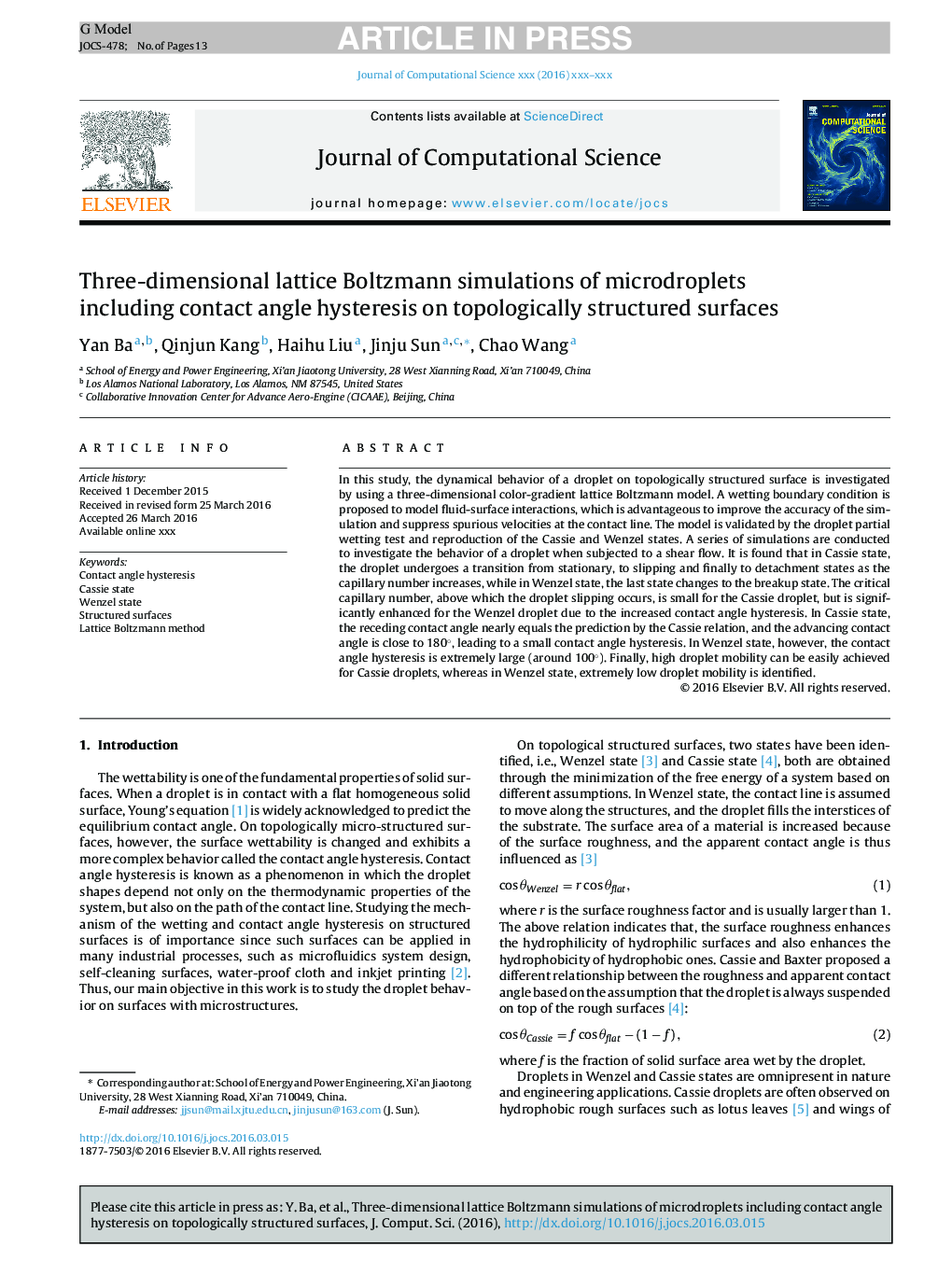 Three-dimensional lattice Boltzmann simulations of microdroplets including contact angle hysteresis on topologically structured surfaces