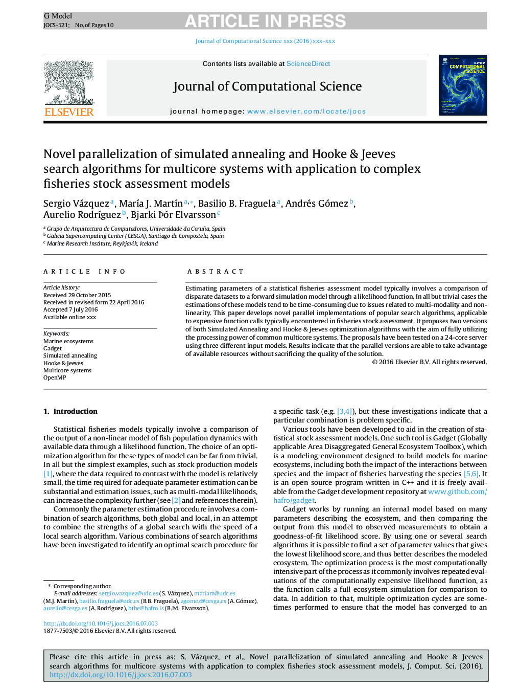 Novel parallelization of simulated annealing and Hooke & Jeeves search algorithms for multicore systems with application to complex fisheries stock assessment models