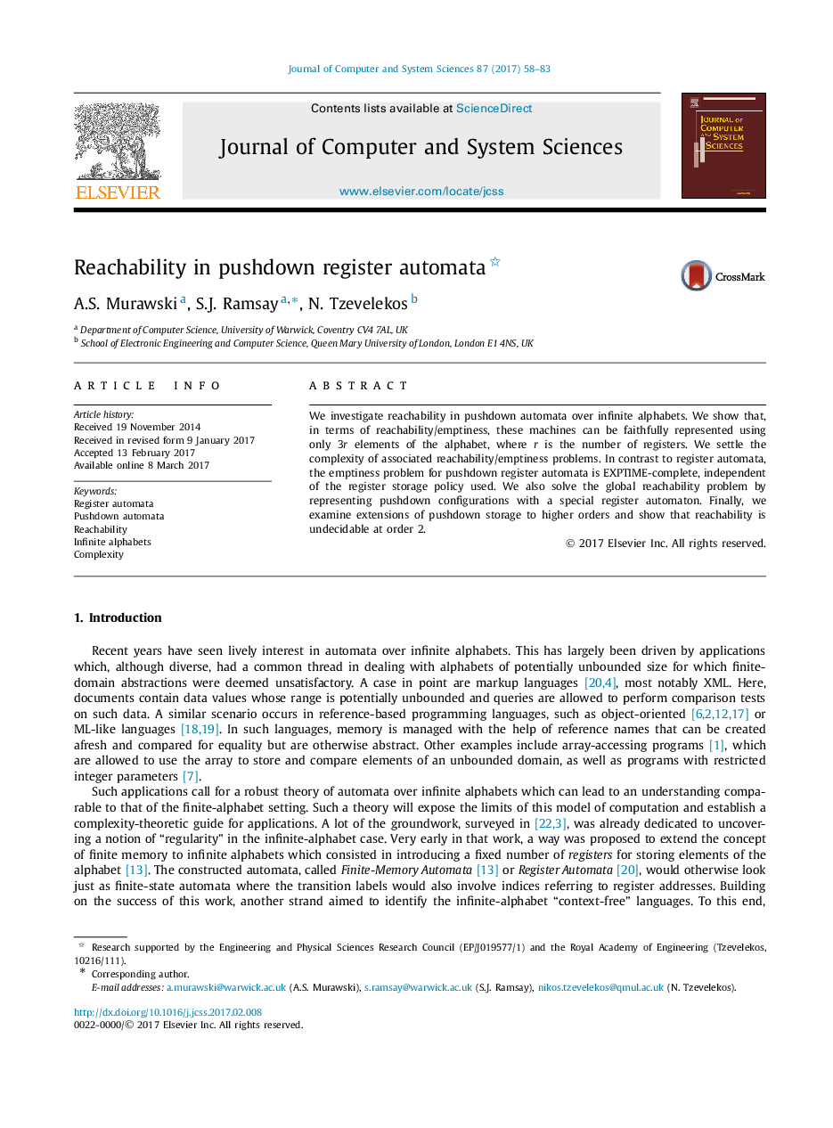 Reachability in pushdown register automata