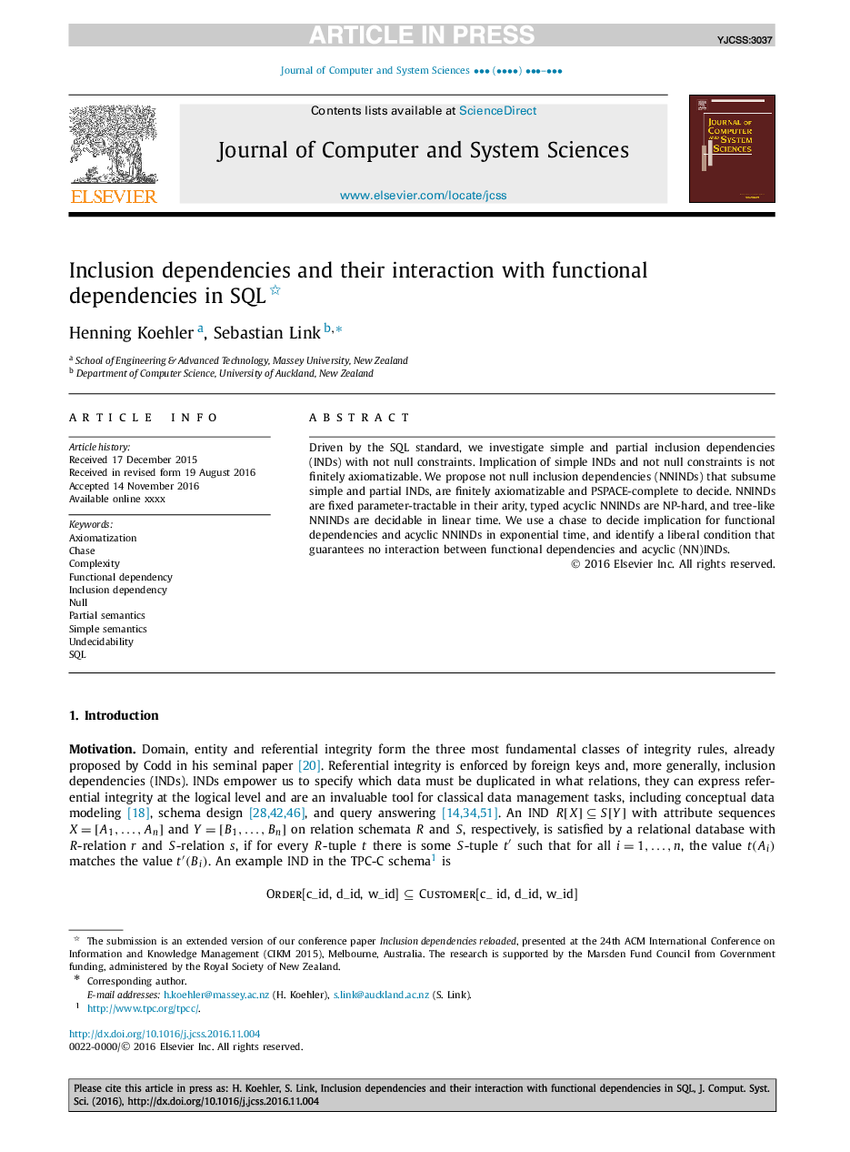 Inclusion dependencies and their interaction with functional dependencies in SQL