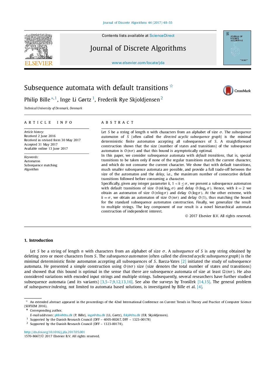 Subsequence automata with default transitions