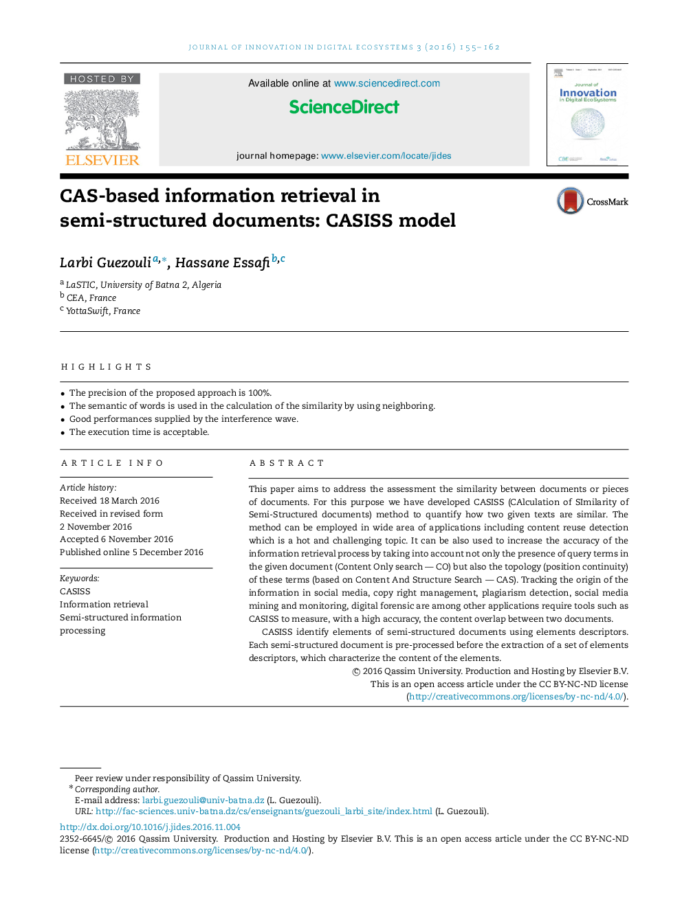 CAS-based information retrieval in semi-structured documents: CASISS model