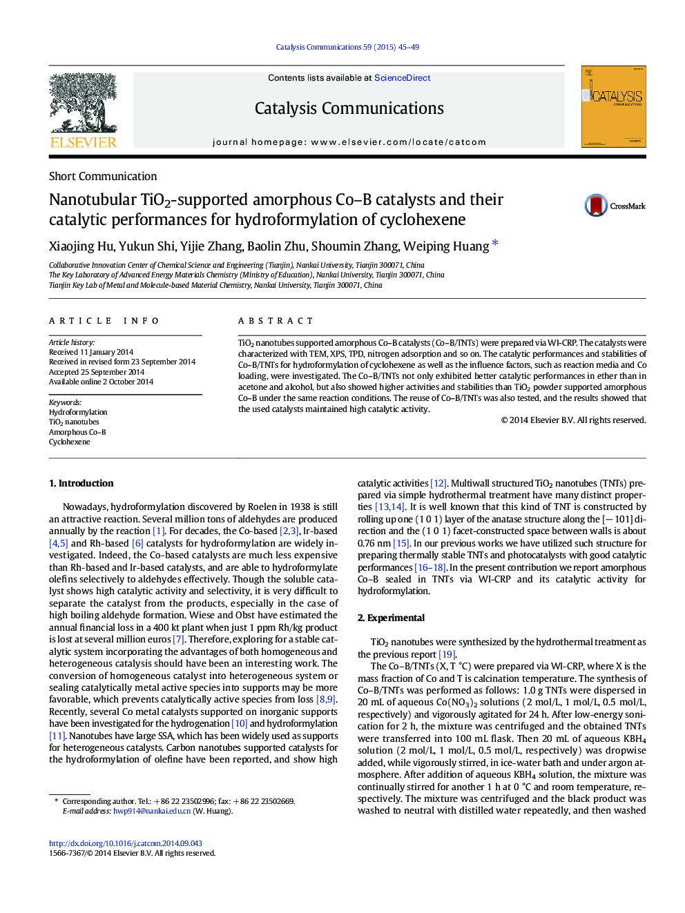 Nanotubular TiO2-supported amorphous Co–B catalysts and their catalytic performances for hydroformylation of cyclohexene