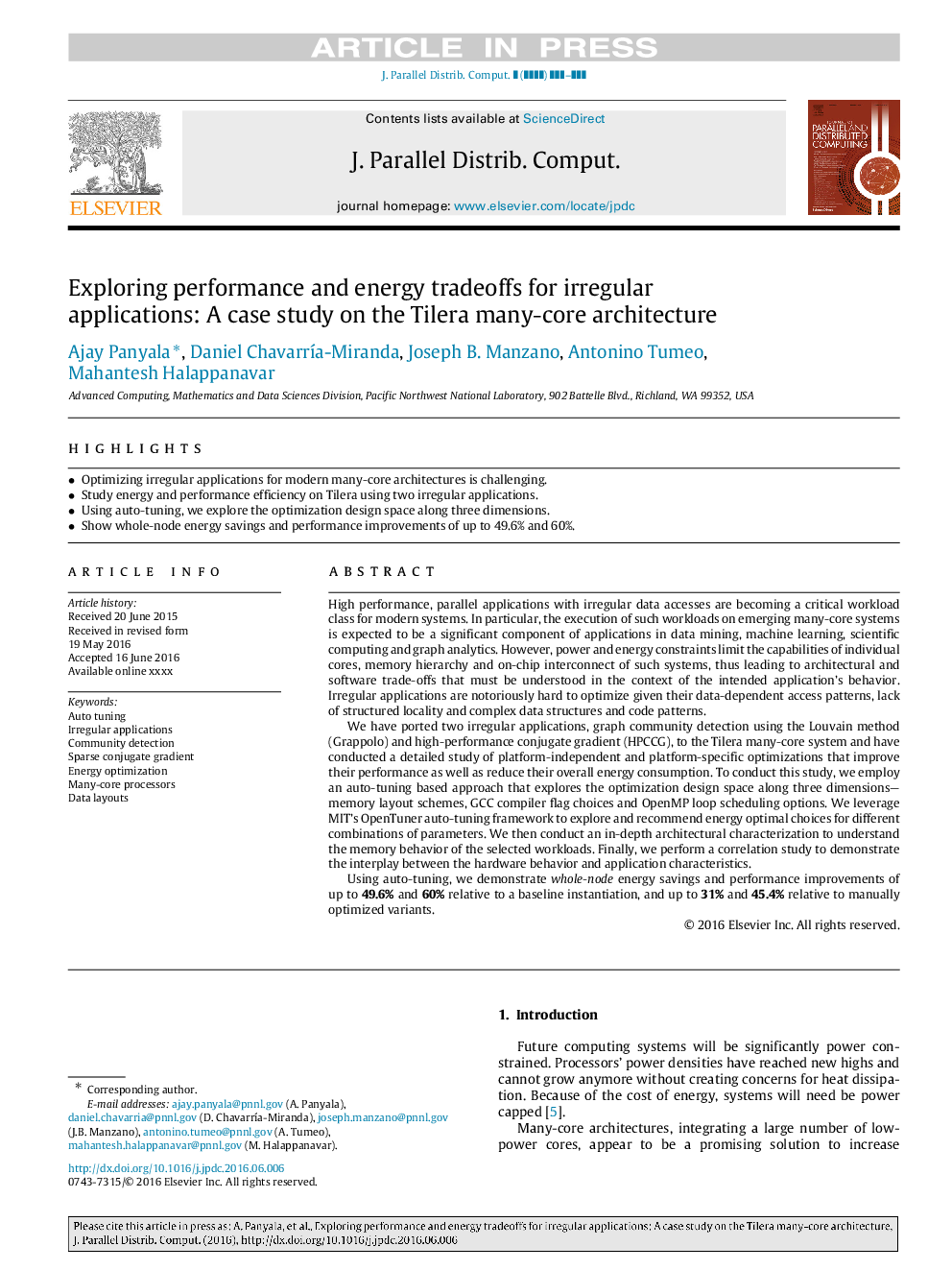 Exploring performance and energy tradeoffs for irregular applications: A case study on the Tilera many-core architecture