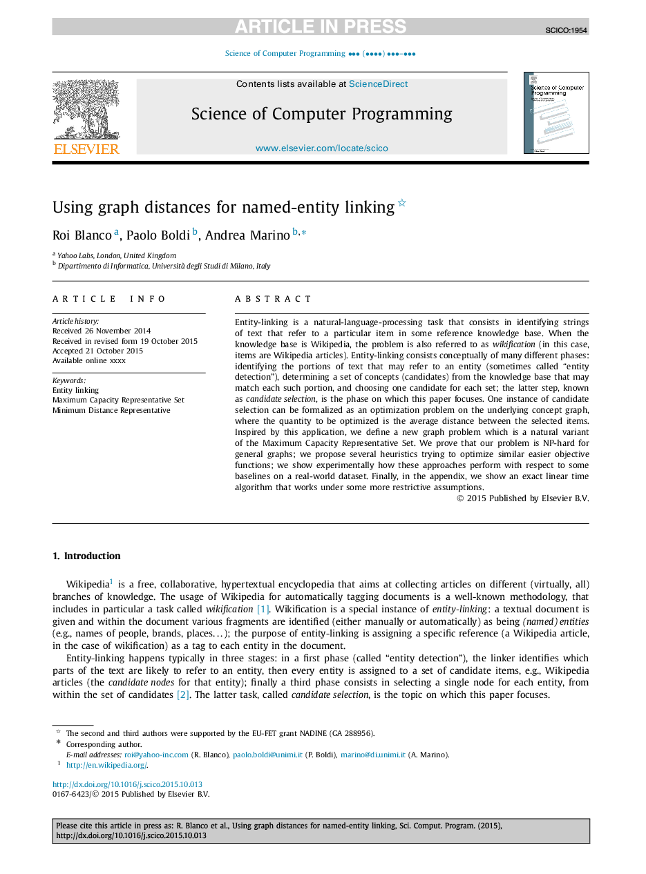 Using graph distances for named-entity linking