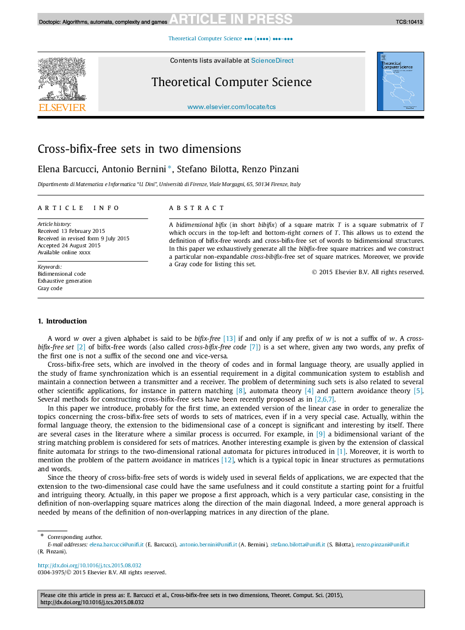 Cross-bifix-free sets in two dimensions