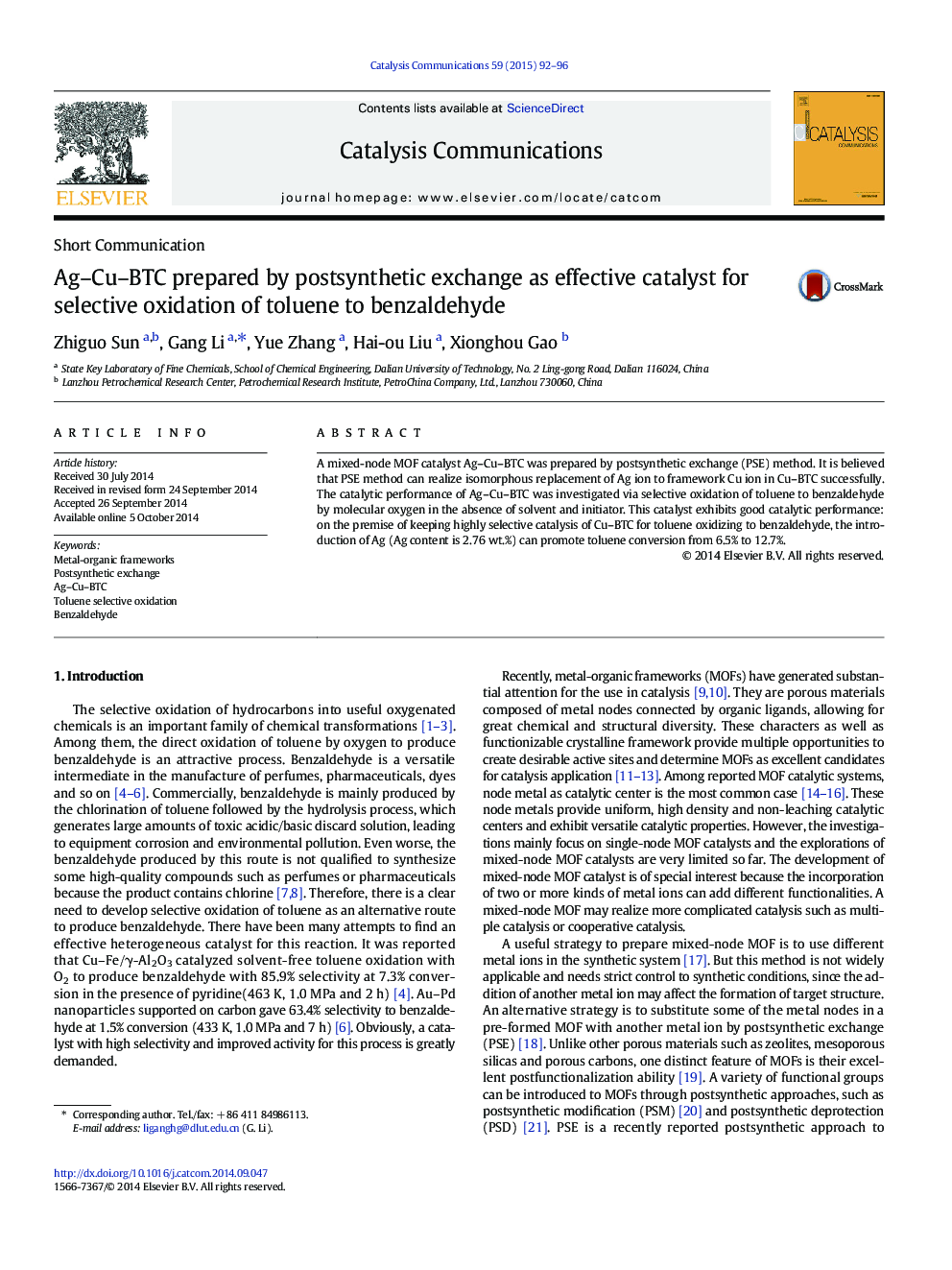 Ag–Cu–BTC prepared by postsynthetic exchange as effective catalyst for selective oxidation of toluene to benzaldehyde