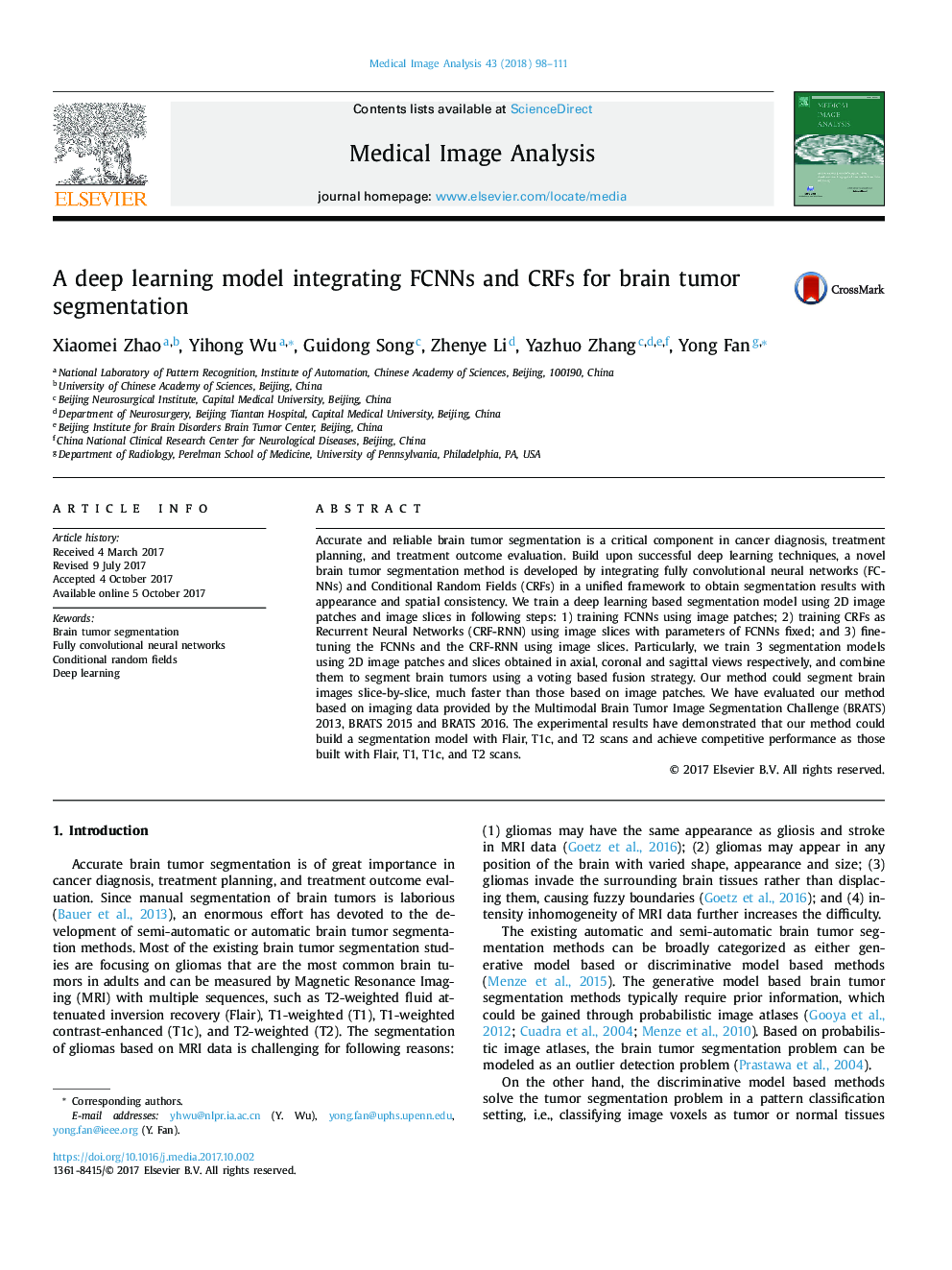 A deep learning model integrating FCNNs and CRFs for brain tumor segmentation