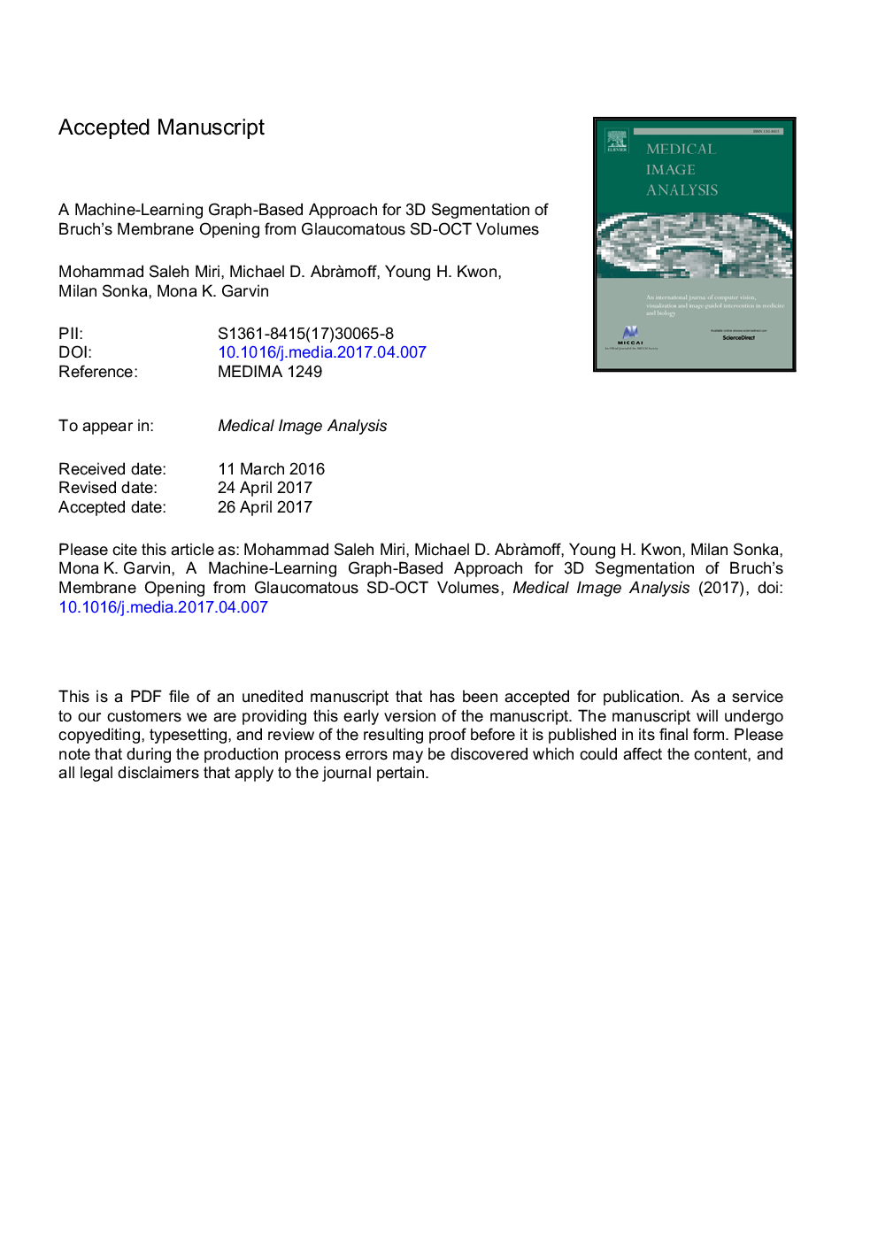 A machine-learning graph-based approach for 3D segmentation of Bruch's membrane opening from glaucomatous SD-OCT volumes