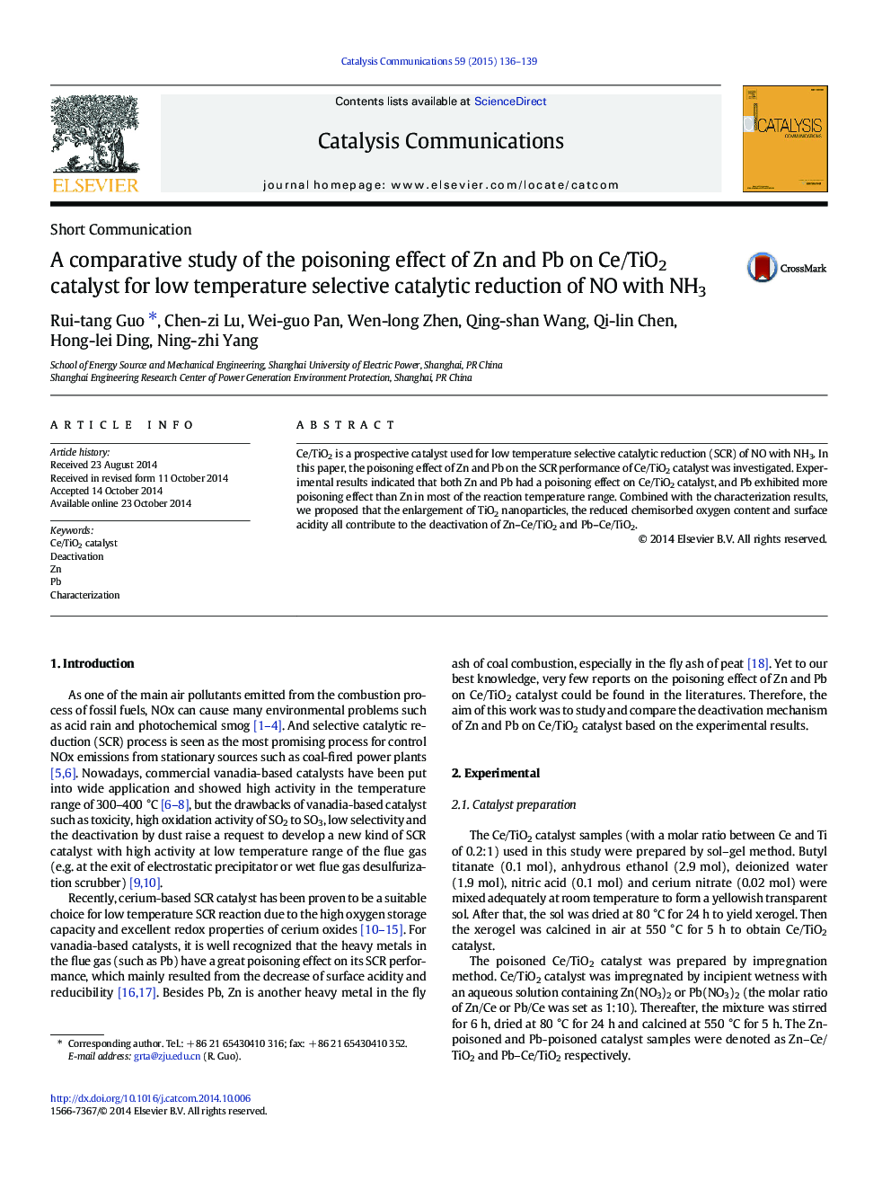A comparative study of the poisoning effect of Zn and Pb on Ce/TiO2 catalyst for low temperature selective catalytic reduction of NO with NH3