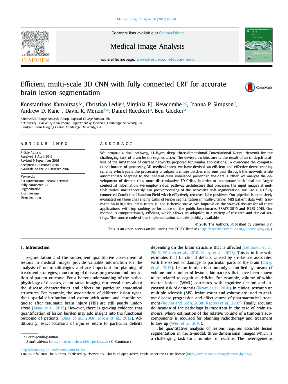 Efficient multi-scale 3D CNN with fully connected CRF for accurate brain lesion segmentation