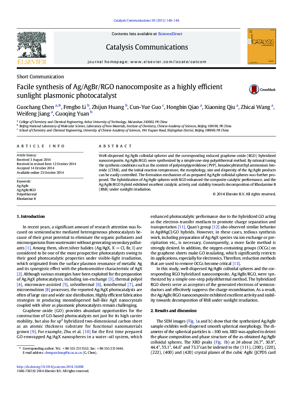Facile synthesis of Ag/AgBr/RGO nanocomposite as a highly efficient sunlight plasmonic photocatalyst