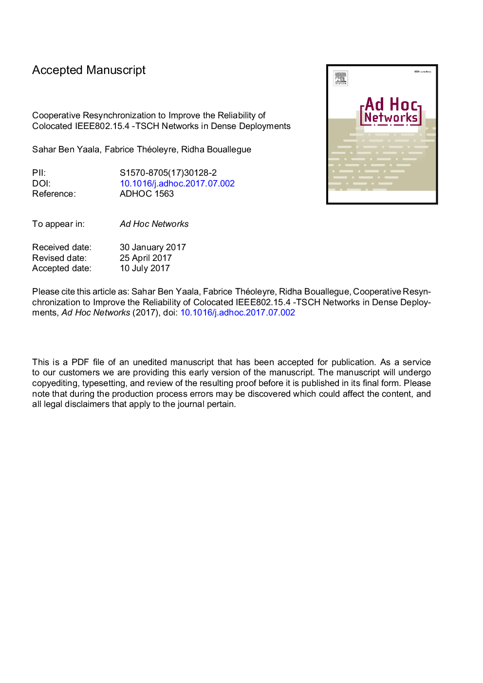 Cooperative resynchronization to improve the reliability of colocated IEEEâ¯802.15.4 -TSCH networks in dense deployments