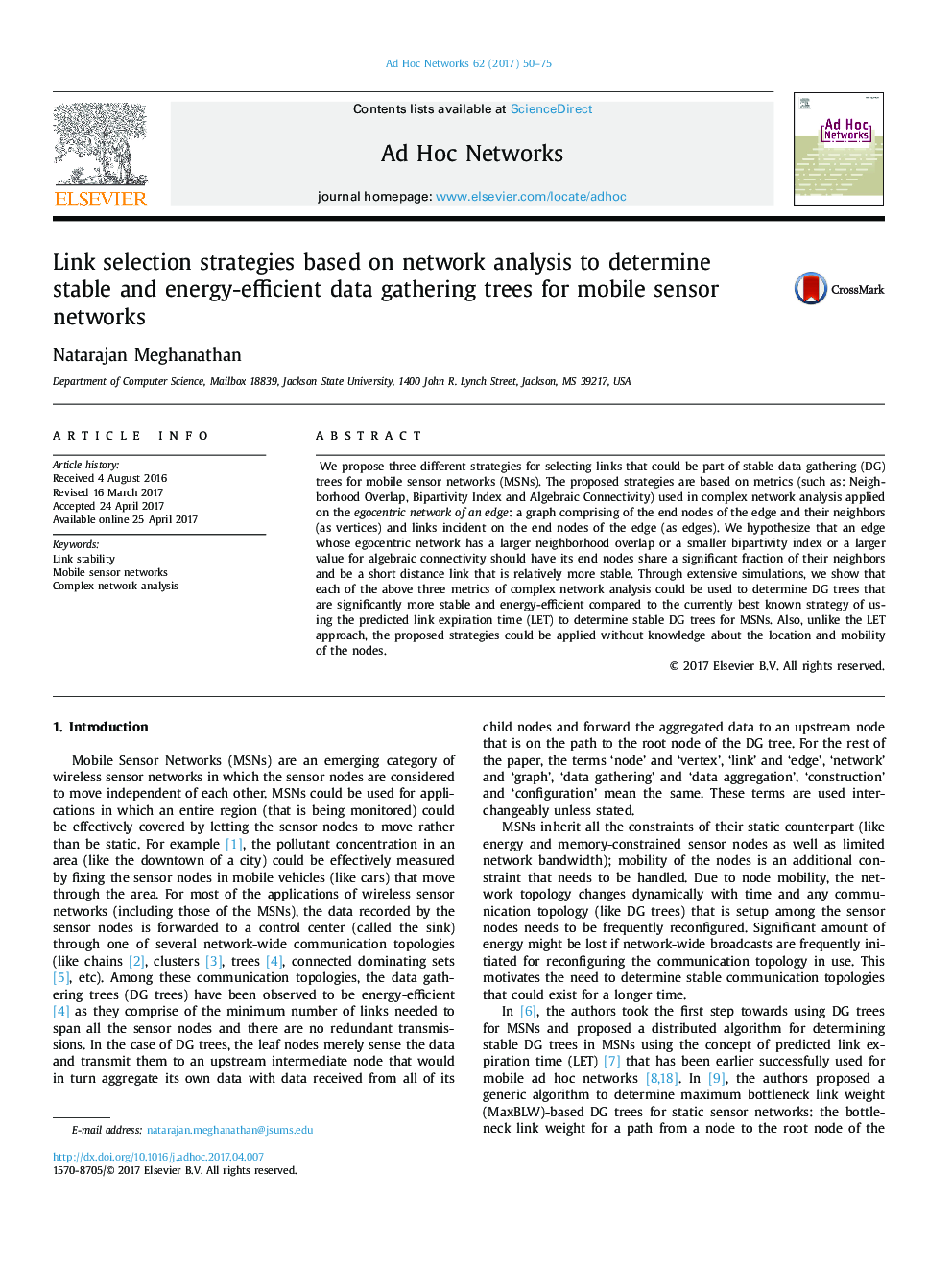 Link selection strategies based on network analysis to determine stable and energy-efficient data gathering trees for mobile sensor networks