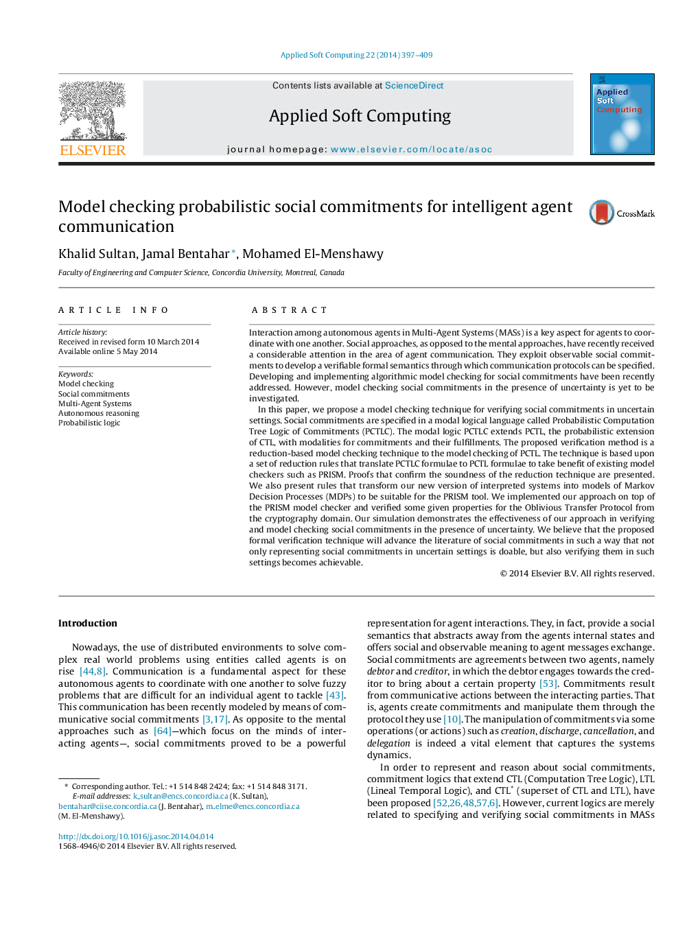 Model checking probabilistic social commitments for intelligent agent communication