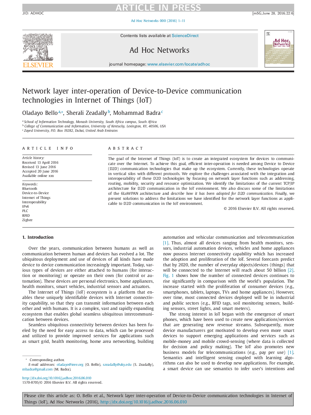 Network layer inter-operation of Device-to-Device communication technologies in Internet of Things (IoT)