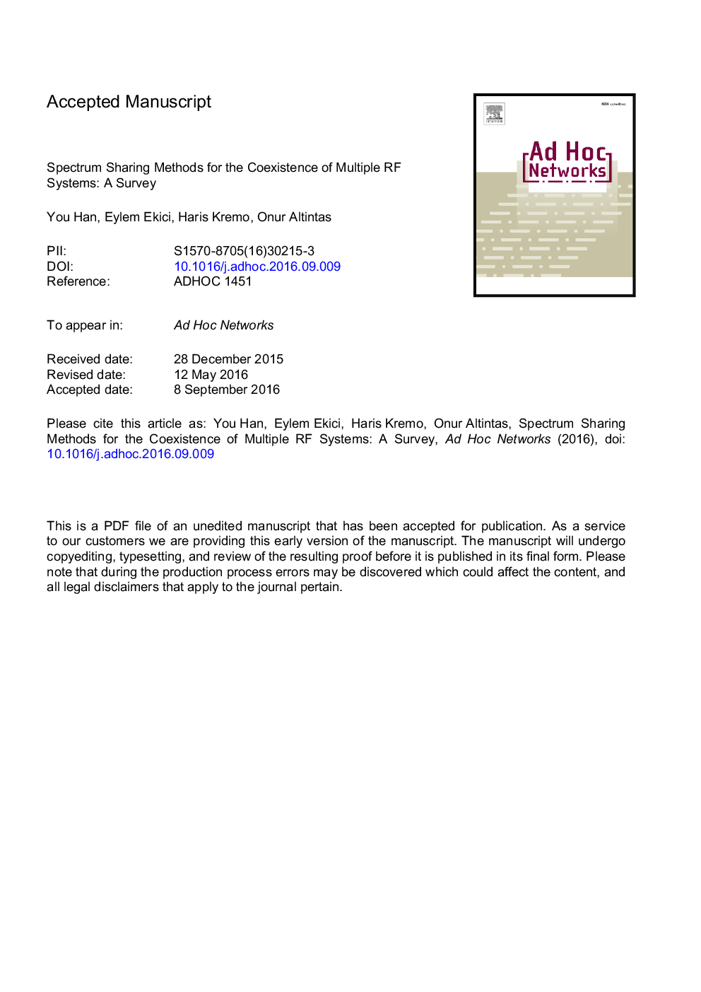 Spectrum sharing methods for the coexistence of multiple RF systems: A survey