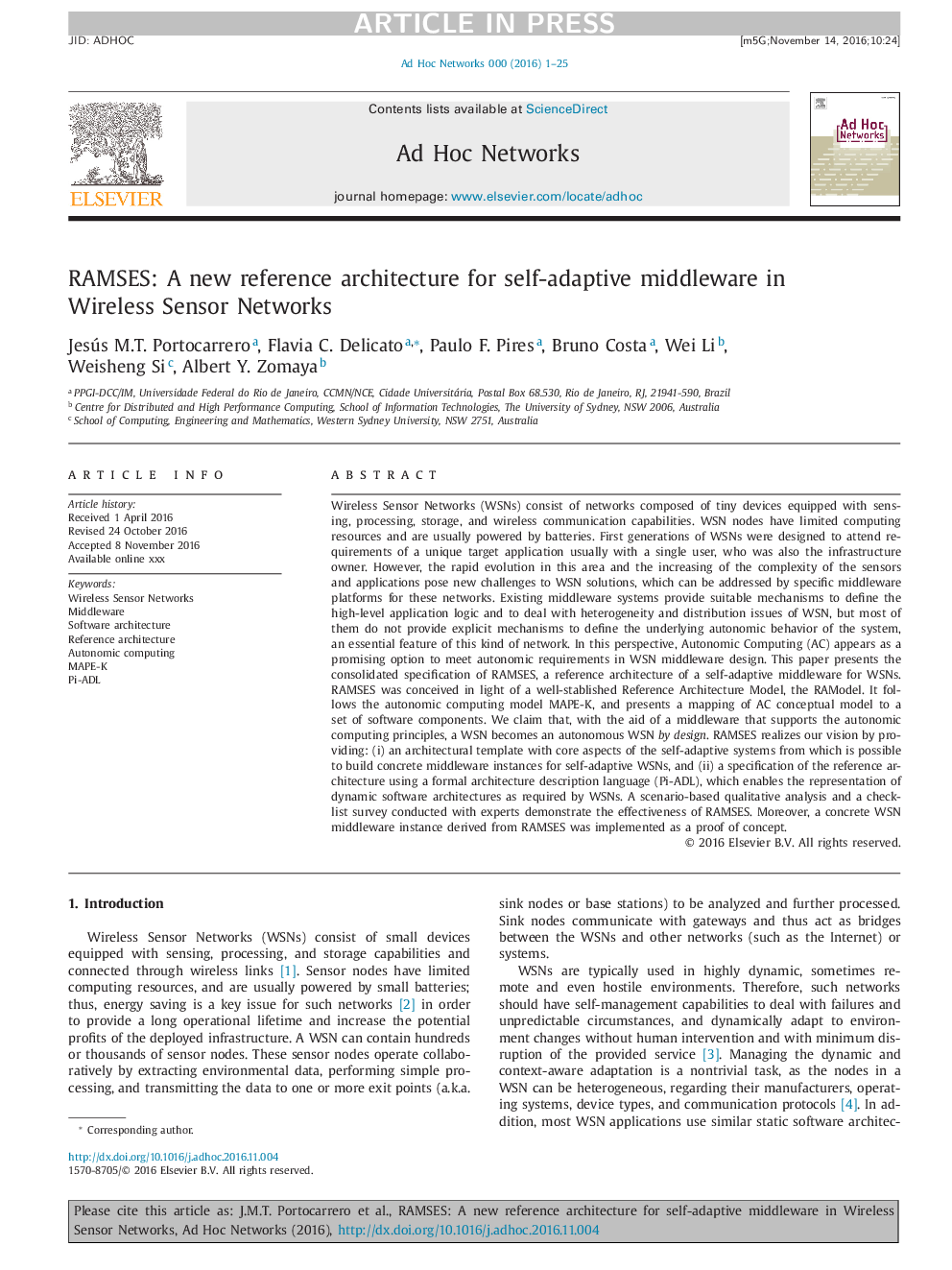 RAMSES: A new reference architecture for self-adaptive middleware in Wireless Sensor Networks