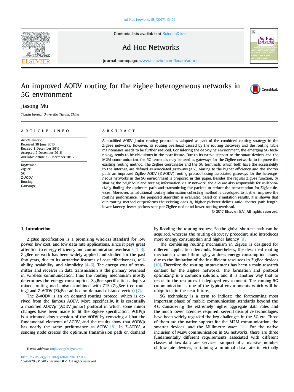 An improved AODV routing for the zigbee heterogeneous networks in 5G environment