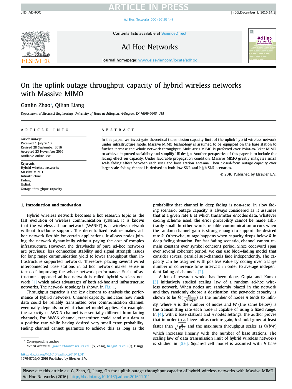 On the uplink outage throughput capacity of hybrid wireless networks with Massive MIMO