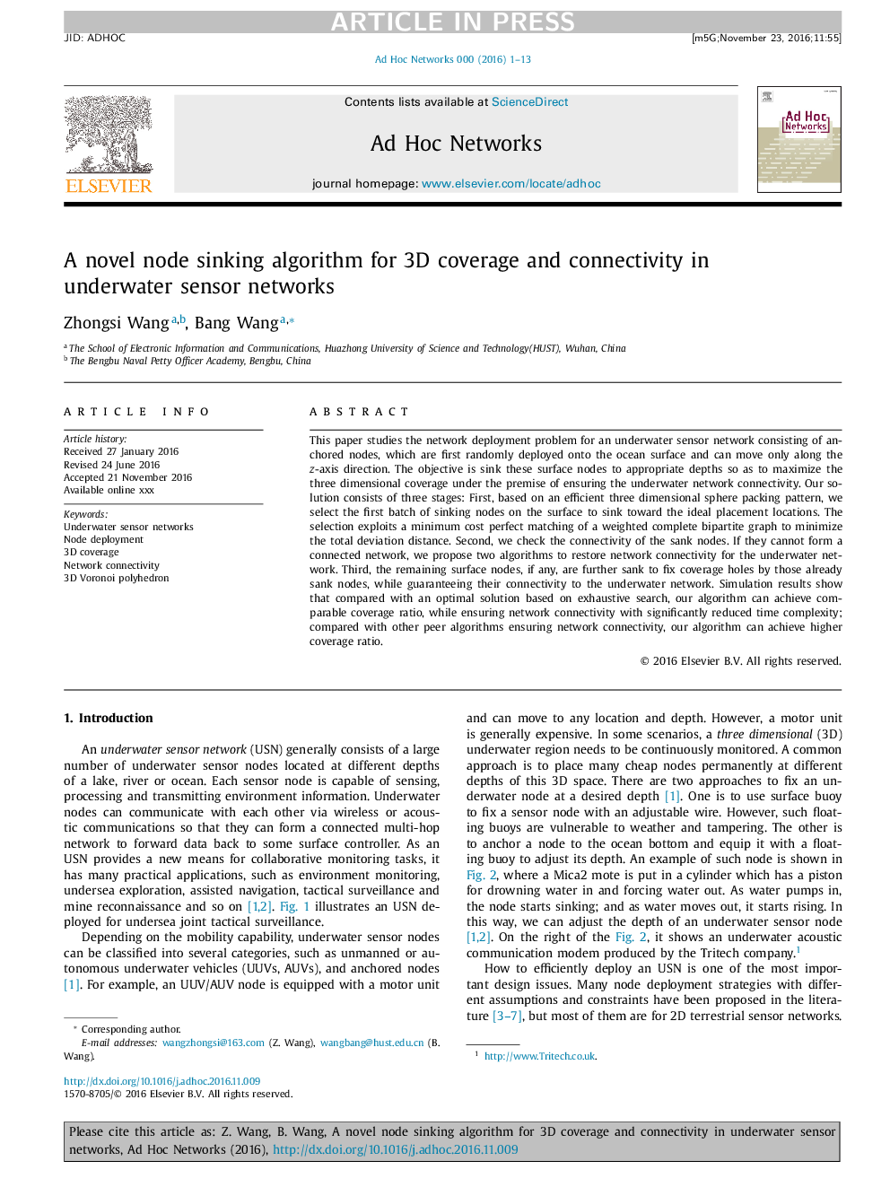 A novel node sinking algorithm for 3D coverage and connectivity in underwater sensor networks