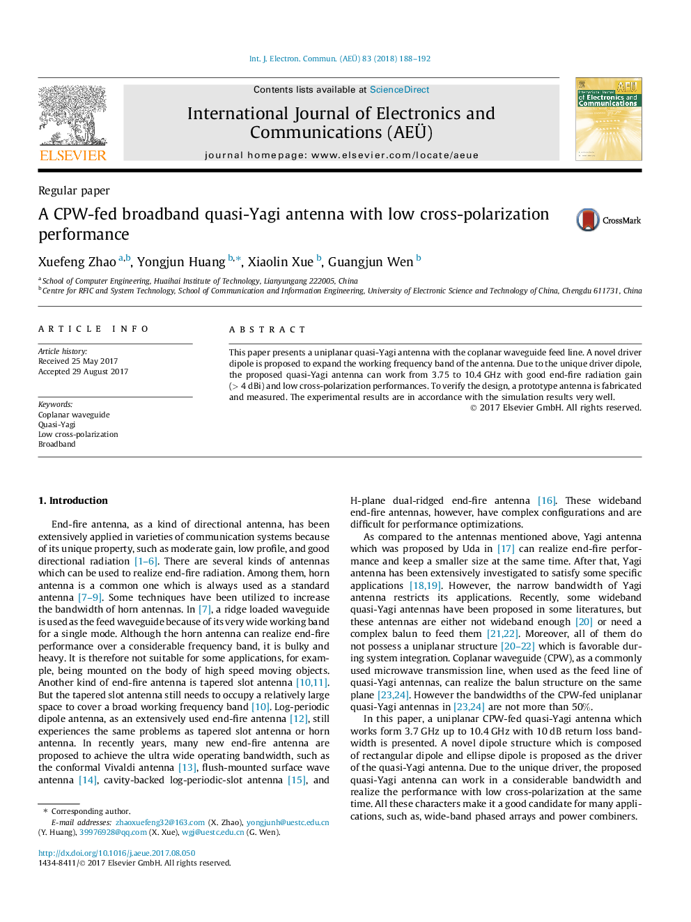 A CPW-fed broadband quasi-Yagi antenna with low cross-polarization performance