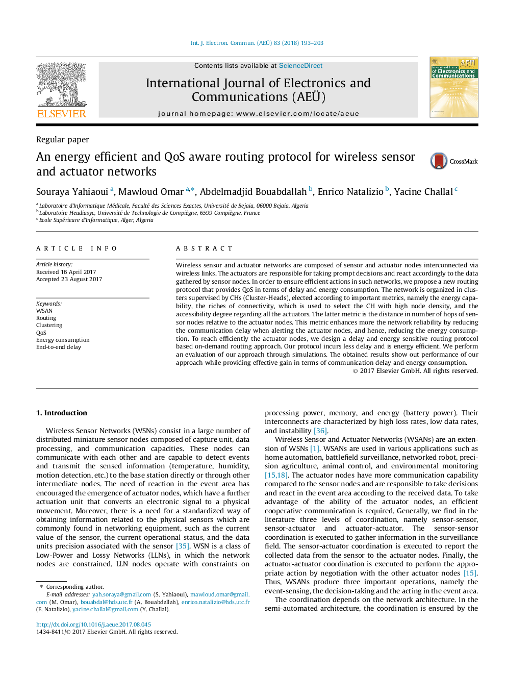 An energy efficient and QoS aware routing protocol for wireless sensor and actuator networks