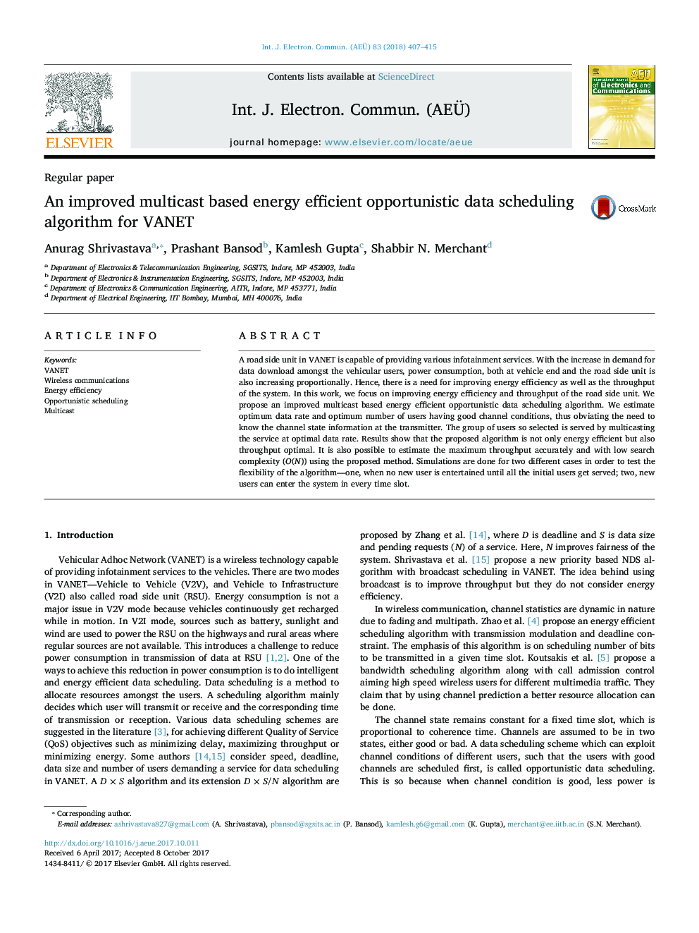 An improved multicast based energy efficient opportunistic data scheduling algorithm for VANET