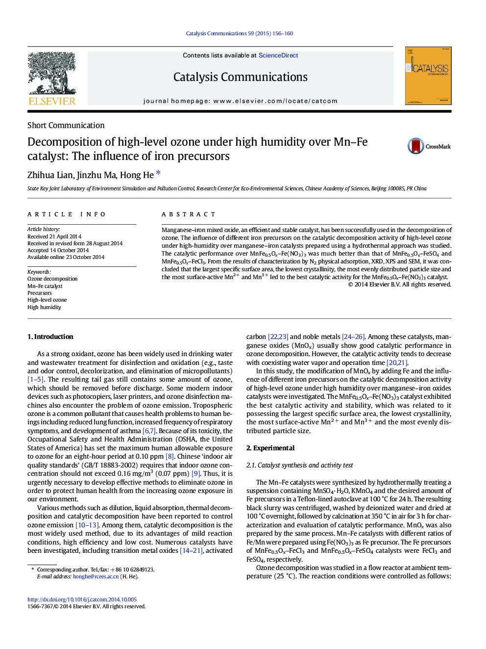 Decomposition of high-level ozone under high humidity over Mn–Fe catalyst: The influence of iron precursors