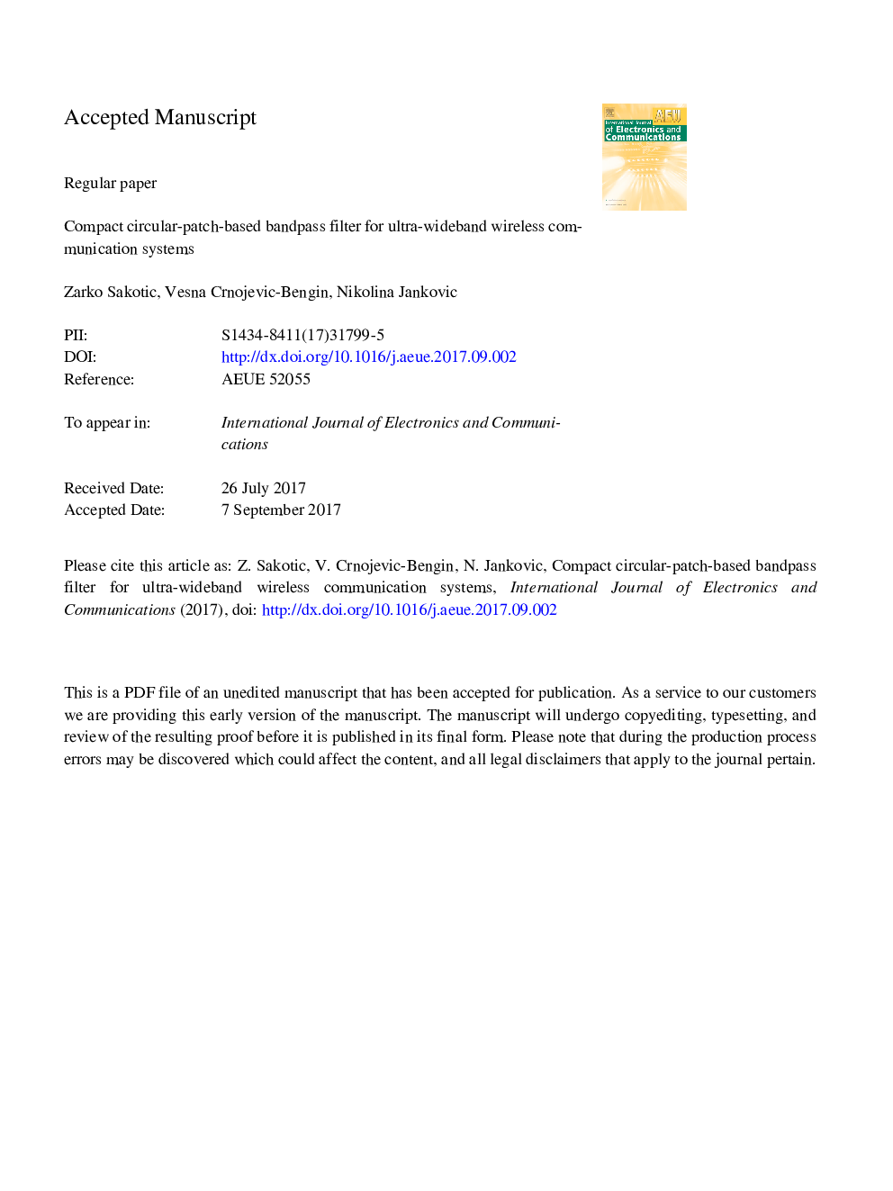 Compact circular-patch-based bandpass filter for ultra-wideband wireless communication systems