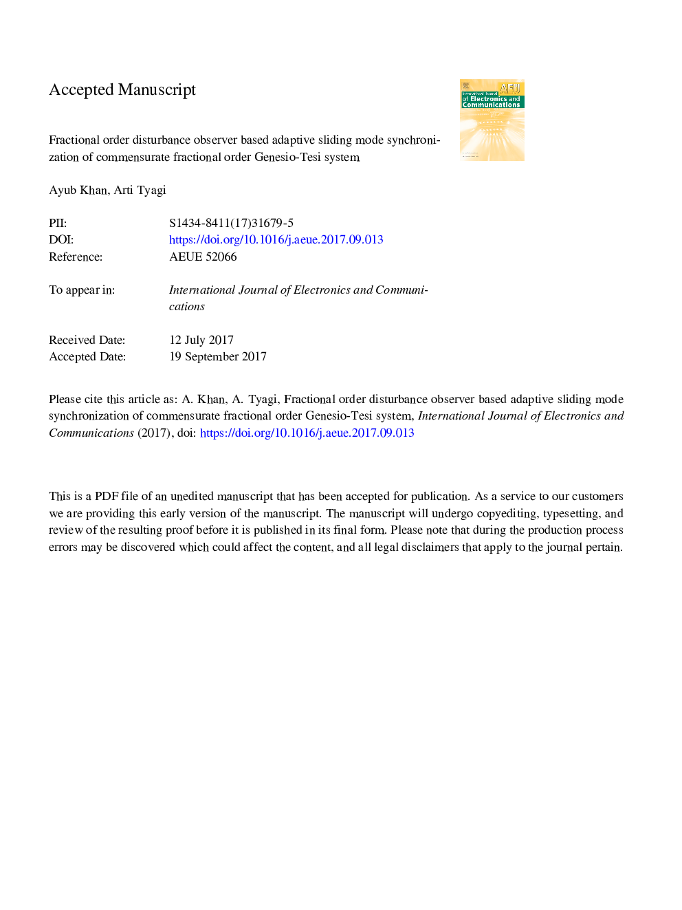 Fractional order disturbance observer based adaptive sliding mode synchronization of commensurate fractional order Genesio-Tesi system